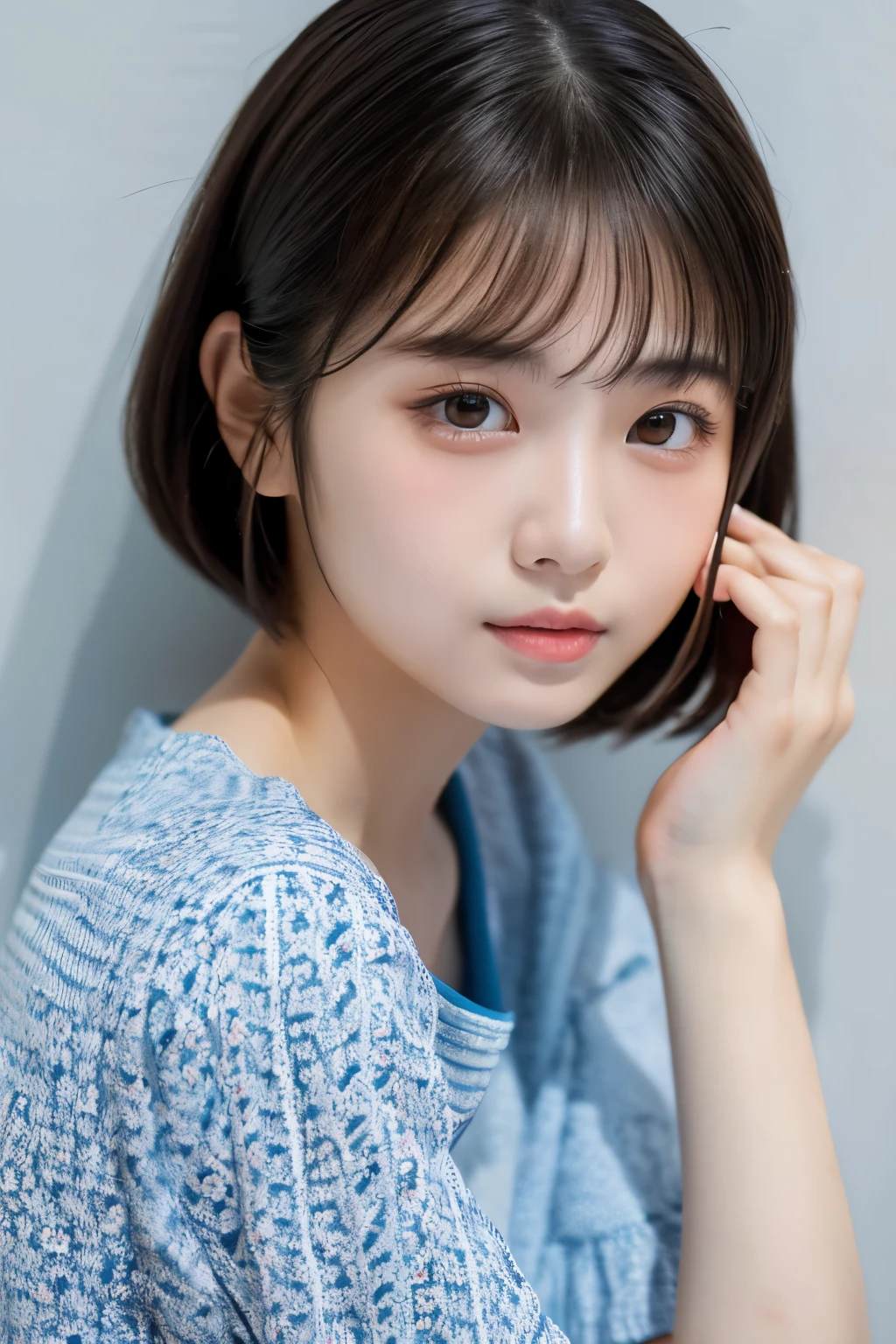 masterpiece, best quality, absurdres, photography, portrait photo, extremely cute girl wearing short-sleeved shirt, beautiful skin, black eyes, Nikon D750