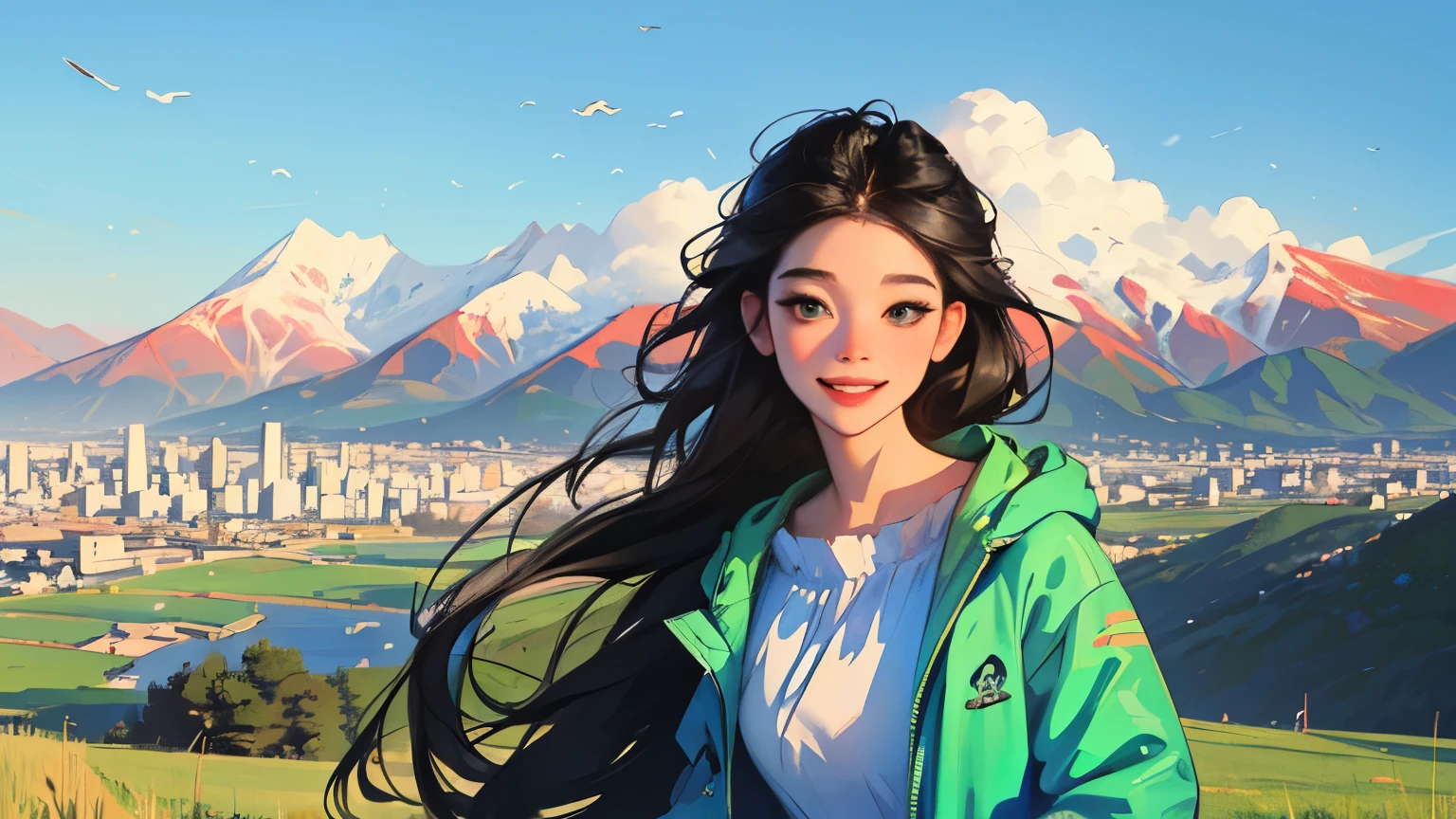 ((masterpiece)),(((bestquality))),((ultra-detailed)) realisticlying, 1 girl, Beautiful, black hair, happy, The sky morning, outdoors, looking to viewer, soft green, city, mountain. sky blue.