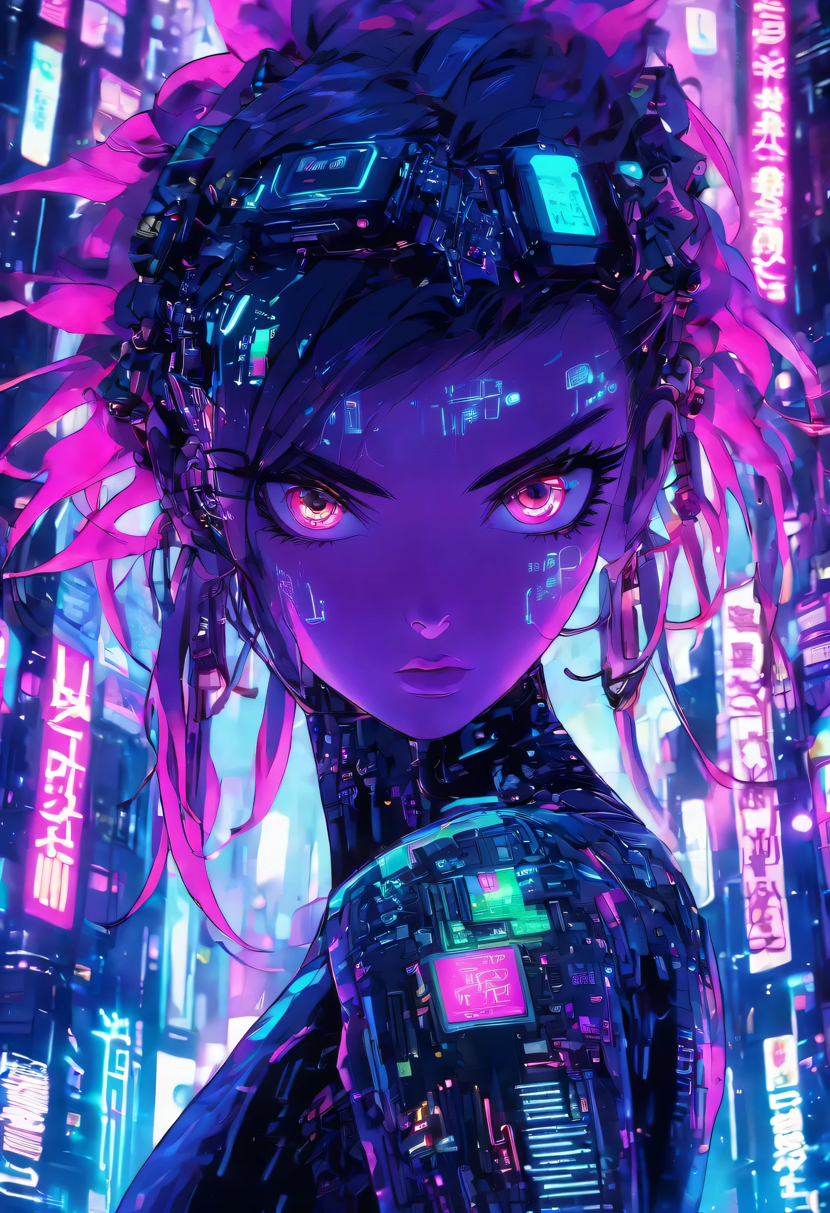 beautiful cyberpunk girl wearing a futuristic head mounted display,  (finely detailed skin), pale skin, (in a deep neckline highly detailed sexy futuristic cyberpunk black crop top and underpants made of circuit boards, cybernetics, japanese words with a flare effect, beautiful epic composition, futuristic, masterpiece, sensual, appealing, posing for a photo