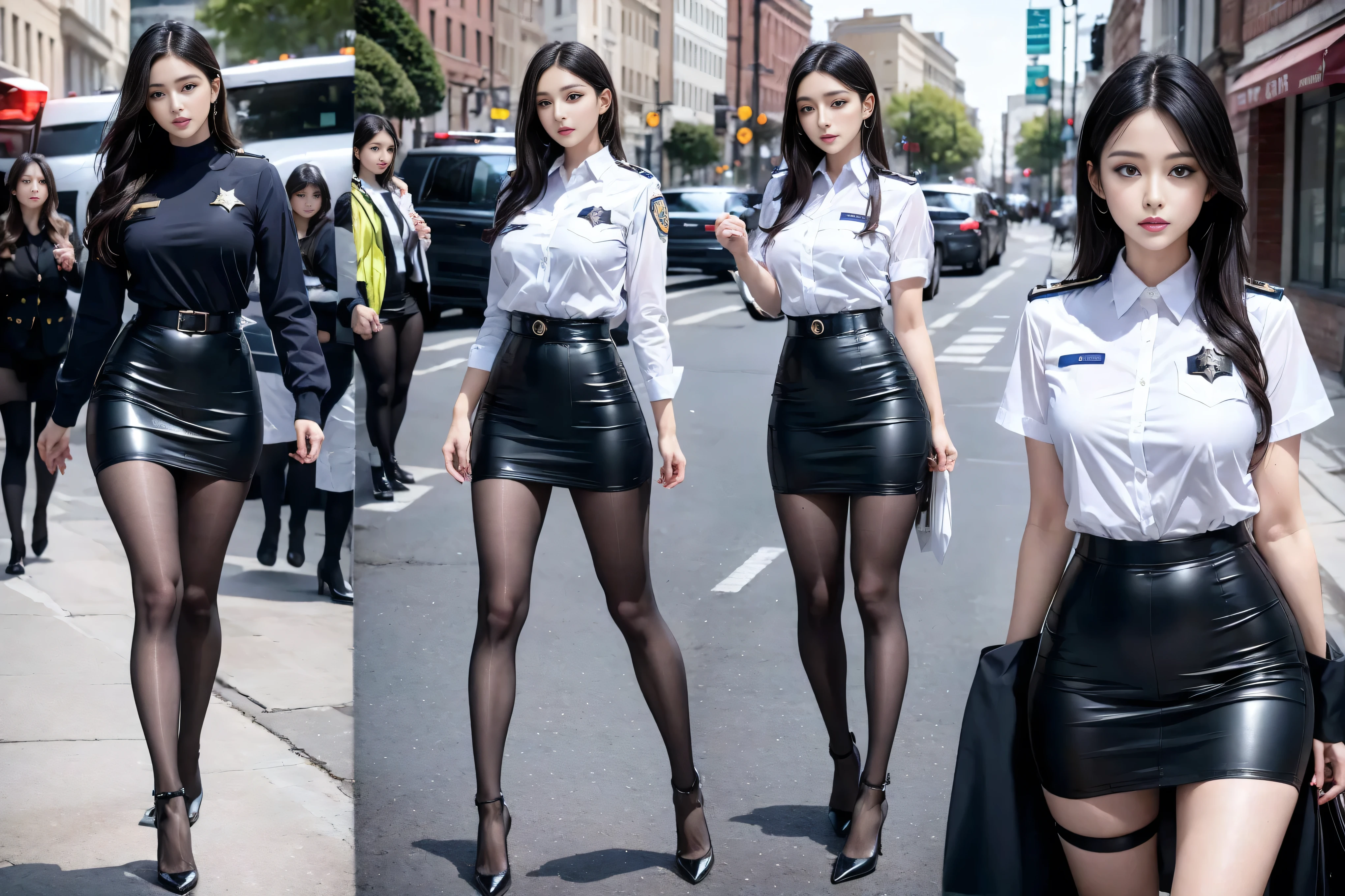 Posing in a city police car, photo,Sexy bulge, police officials, Dressed as a police officer, Bobby, official, , Full set of clothing, Female Sheriff, Korean female fashion models,Tight,Hip-covering skirt,Tight hip skirt,High heel,Pear-Shaped Body,Long legs,Wear different colored clothes,White skin,Lace-up pantyhose,Full body proportion photo,