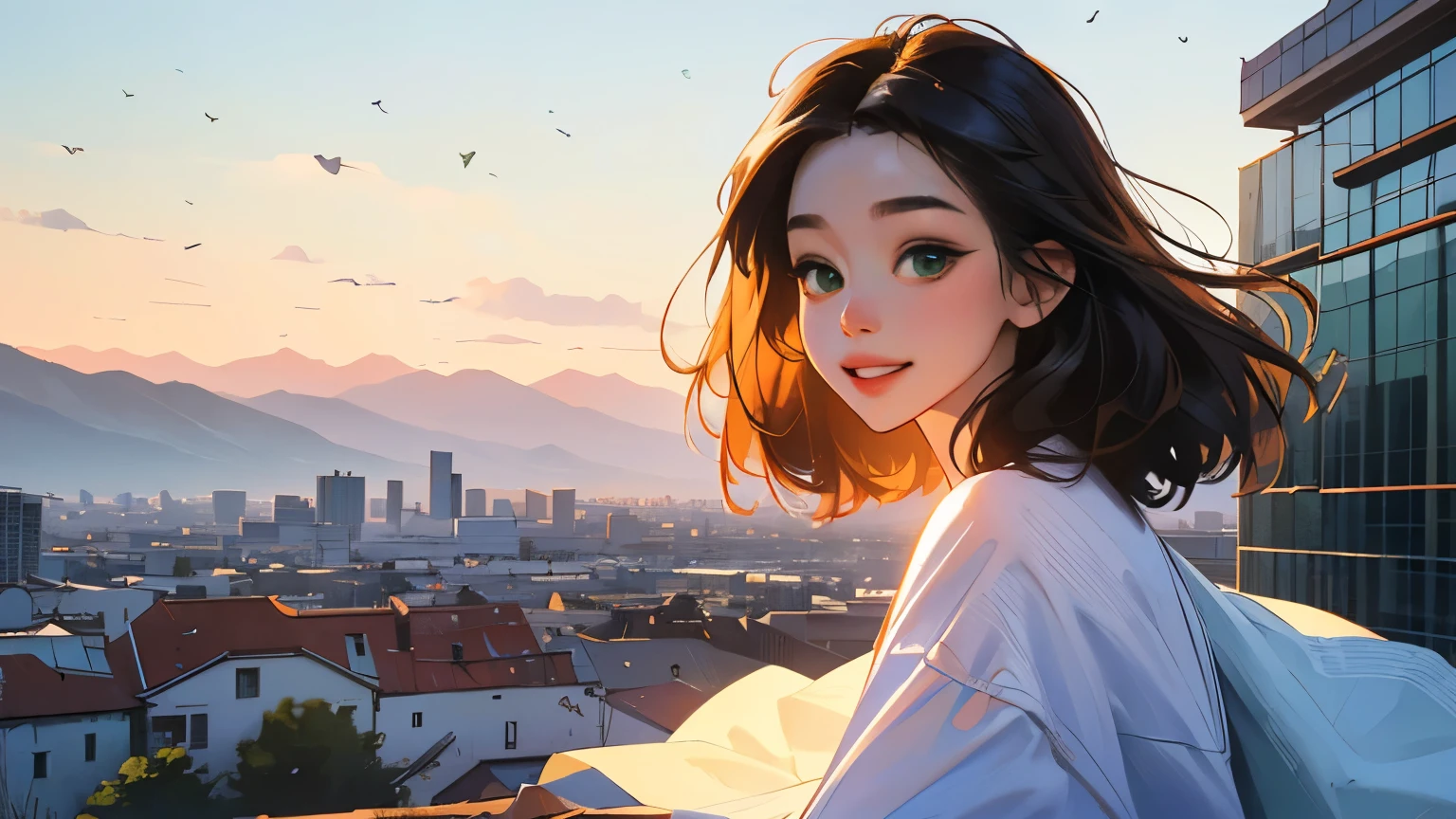 ((masterpiece)),(((bestquality))),((ultra-detailed)) realisticlying, 1 girl, Beautiful, black hair, happy, The sky morning, outdoors, looking to viewer, soft green, city, mountain. sky blue.