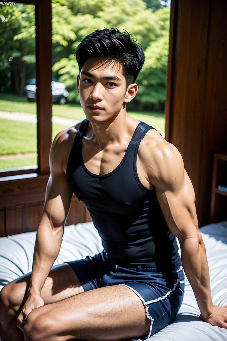masterpiece, best quality, high quality, Extremely detailed CG Unity 8K wallpaper, Depth of Field, HDR,,Realistic Portraits,Very detailed, 1 man, Asia, Black short hair (Wear stylish ultra-thin tight shorts),Large lumps, Chest muscles,Chest muscles肿胀, Upper arm muscles, Blood vessel, Big muscles, Broad shoulders, Sitting on the bed looking at the audience, balance eyes, (eye contact)