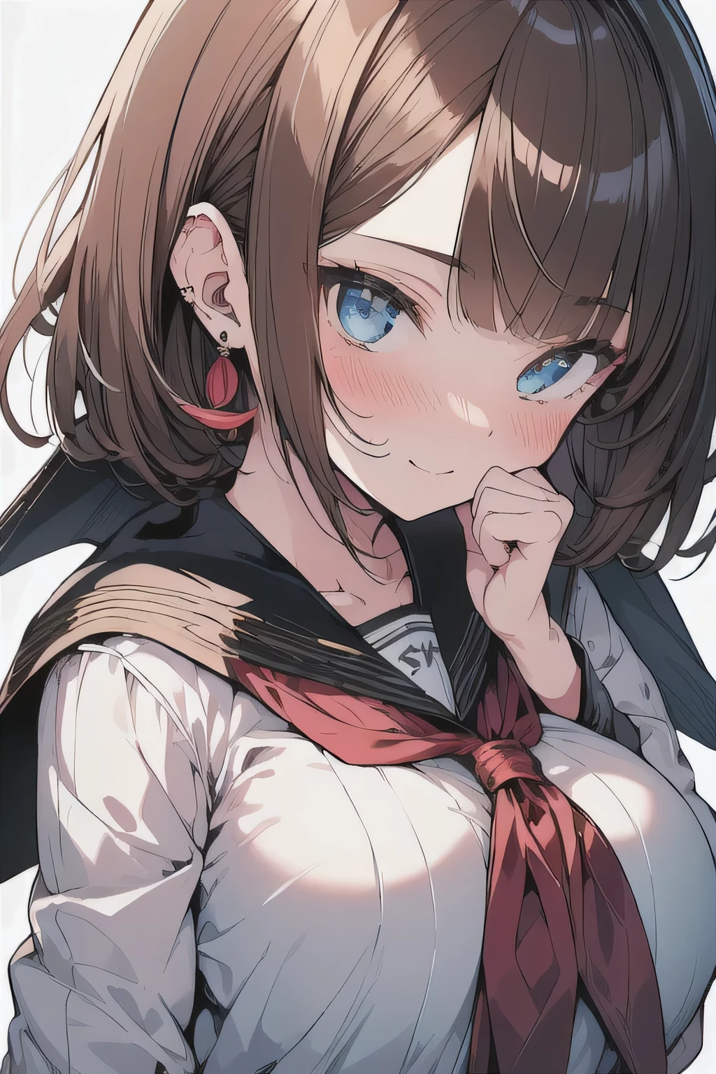 (best quality), (Super detailed), (Best Illustration), (masterpiece), (woman), hand on own chin, {(white serafuku:1.2)}, (large breasts:1.2), {brown hair, (sideburns), (bob cut:1.3), curly hair, hairs between eyes, colored inner hair}, {(detailed eyes), blue eyes}, seductive smile, blush, earring, wind, white background