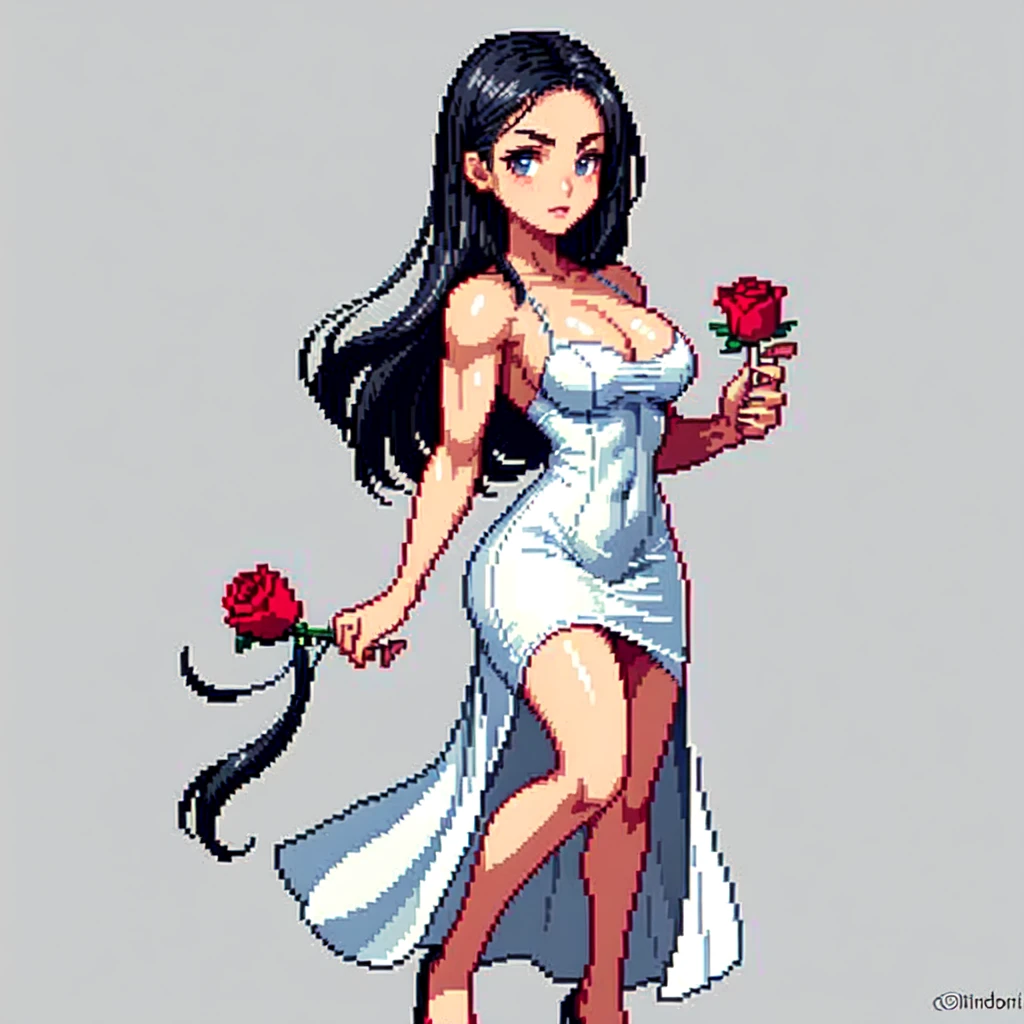 (masterpiece, top quality, best quality), pixel,pixel art,1women,small bosom,cleavage,muscle, long black hair and a white dress with red roses,full body