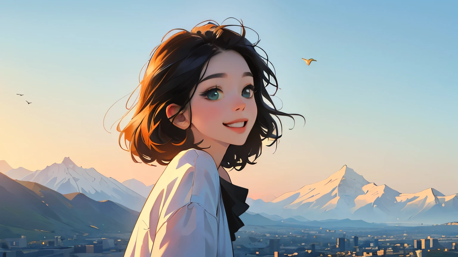 ((masterpiece)),(((bestquality))),((ultra-detailed)) realisticlying, 1 girl, Beautiful, black hair, happy, The sky morning, outdoors, looking to viewer, soft green, city, mountain. sky blue.