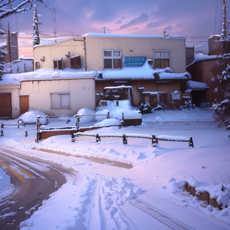 the snow&#39;s road with a building in the background, iPhone Capture, Aboma Snow, it&#39;s snowing, white!!, [ Realistic photos ]!!, Snow Snow, slush)), slush!!, high snow, Japanese Neighborhood, Beasts, Residential Street, 8k!!, restaurant!!, Complex!!, Winter Snow, Winter Setting, the snow&#39;s day, the snow&#39;s