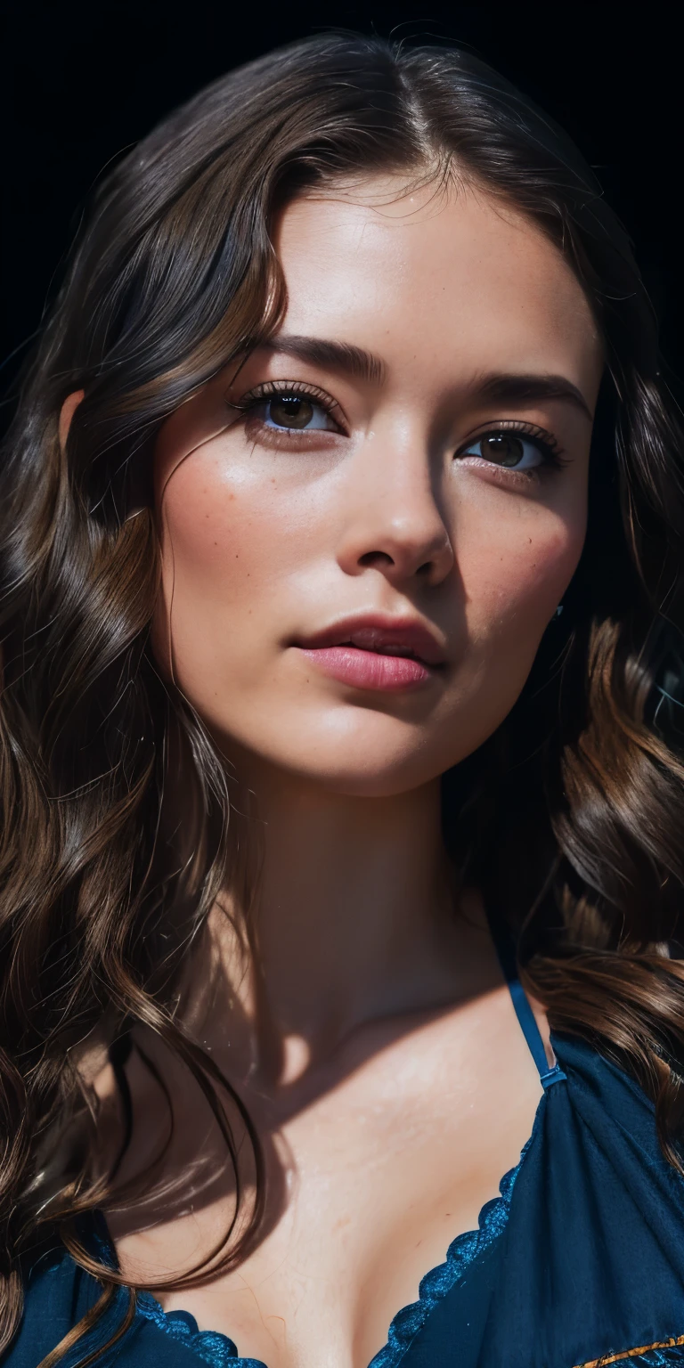 Full face portrait photo of 25 year old European girl, RAW, beautiful woman, semi-open strawberry lip, dimples, wistful expression, (brown hair with extra long wavy), ((detailed face)), ((detailed facial features)), (fine detailed skin), pale skin, cyberpunk megacity environment, (cool color), moist, damp, reflection, (masterpieceShot with Canon EOS R5 (detail) (Realistic photos) (Detailed details) 50mm lens, f/2.8, HDR, (8k) (wallpaper) (cinematic lighting) (dramatic lighting) (sharp focus) (complex), RAW photography, RAW photography, gigachad photography, camera pose, black jeans, back arm, 8k uhd, dslr, high quality, Grain Film, Fujifilm XT3, Film Stock Photo 4 Kodak Portra 400 Camera F1.6 Lens Rich colors Ultra-realistic textures Dramatic lighting Unreal Engine Art Station Trends Cinestill 800 Tungsten, Toughboy Style, Ultra Focus Face, Intimidating, Fighting Position, Short Messy Hair, Muscles, Bursting Veins, Beads, (( Lingerie set with dark blue embroidery)), ((dark blue camisole thin)),