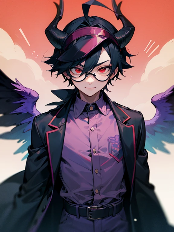 Masterpiece, best quality, expressive eyes, perfect face, 1boy, male focus, visor, glasses, red eyes, evil smiles, black hair, ahoge, horns, jacket, patterned shirt, goat_antelope, purple angel wings, belt