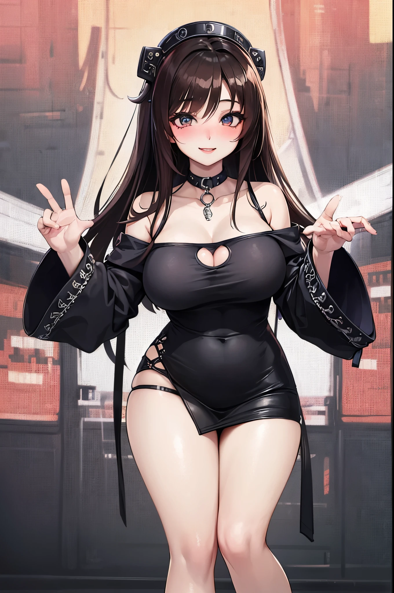 dominant fashionable college girl  with the viewer. (ultra-detailed,4k, 8k, high res, curvy,plus size anime girl,confident, seductive,) curvy, plus size anime girl, seductive, , thick thighs, detailed eyes, detailed lips, alluring expression, captivating curves, cleavage, flirtatious, artistic rendering, smiling/smirking, fashionable, cool clothes, pretty clothes, detailed clothing