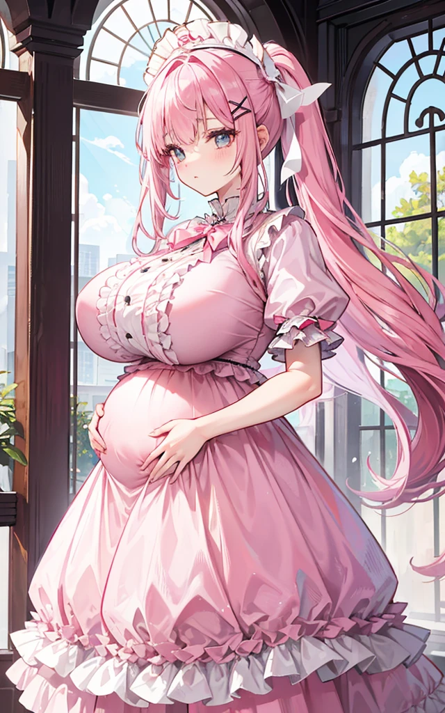 1 22-year-old girl, Pink Hair, Long double ponytail, Pink shirt, Fluffy collar, White fluffy skirt, White ribbon on hair, Lots of hair accessories, ta,(Pregnant,Huge breasts:1.8)
