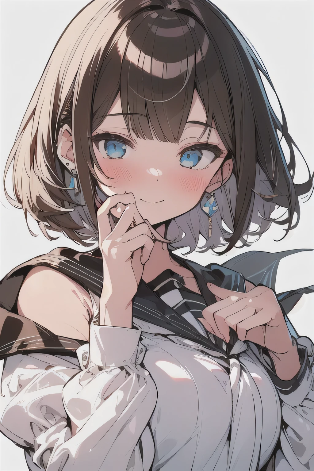 (best quality), (Super detailed), (Best Illustration), (masterpiece), (woman), hand on own chin, {(white serafuku:1.2)}, (large breasts:1.2), {brown hair, (sideburns), (bob cut:1.3), curly hair, hairs between eyes, colored inner hair}, {(detailed eyes), blue eyes}, seductive smile, blush, earring, wind, white background