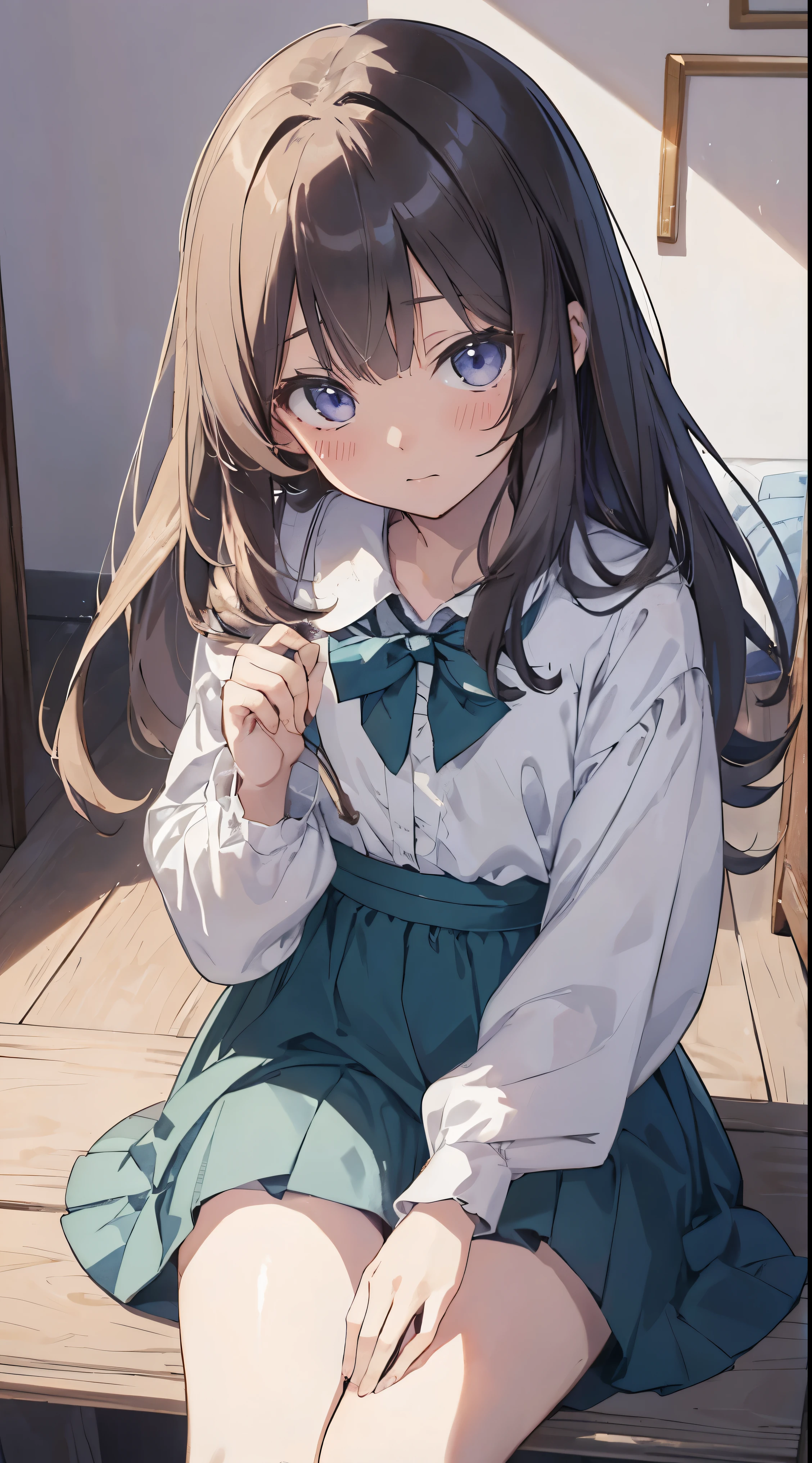 Masterpiece、Highest quality、highest quality、(((Lori)))、 ((((Petite))))、((Embarrassed))、Shiny hair quality、Small face、Sitting、Super detailed, beautiful, wide eyes、Ultra-detailed, clear and beautiful faces、(cute illustration:1.2), High-resolution, ultra-detailed, best quality, embarrassed、cute、Thighs