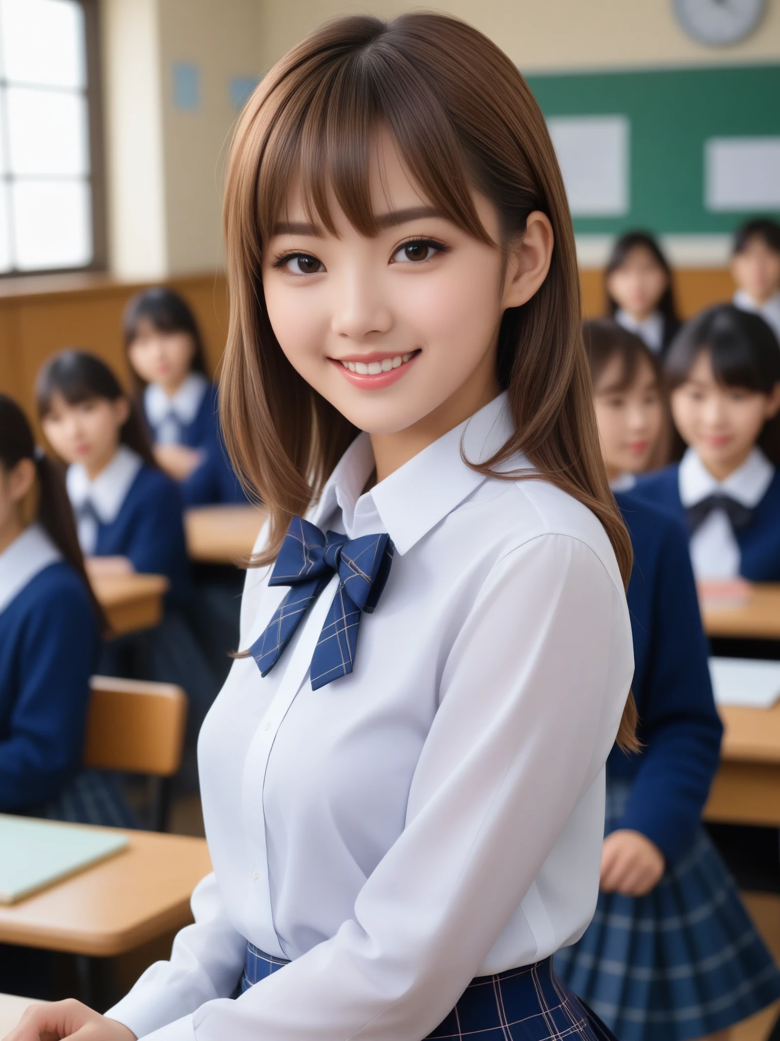 product quality, 1girl, upper body shot, front view, a Japanese young pretty girl, 18 years old, short hair, standing with a big smile in a crowded classroom of a high school, glamorous figure, busty, wearing a white collared shirt of long sleeves, plain dark blue bow tie, dark blue tartan plaid pleated skirt, a school bag on her shoulder, hyper cute face, glossy lips, double eyelids in both eyes, natural makeup, long eyelashes, shiny smooth light brown hair, asymmetrical bangs, fair skin, central image, high resolution, high detail, detailed hairstyle, detailed face, spectacular cinematic lighting, octane rendering, vibrant, hyper realistic, perfect limbs, perfect anatomy