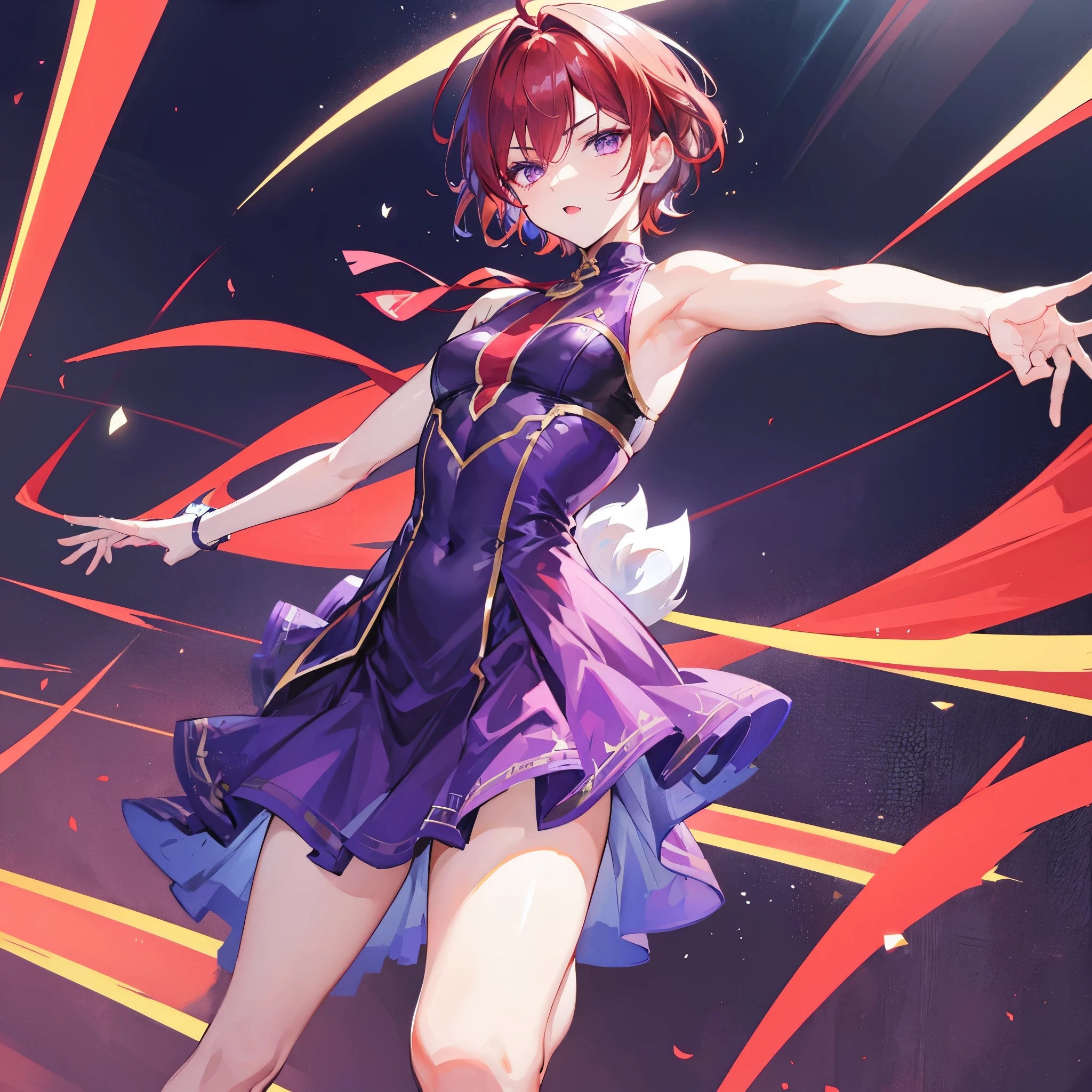 Male Characters, Boys, Idol Costumes, dark purple eyes, ((red hair)), Arms open, make a fist ,cheer, Running, dress, short hair