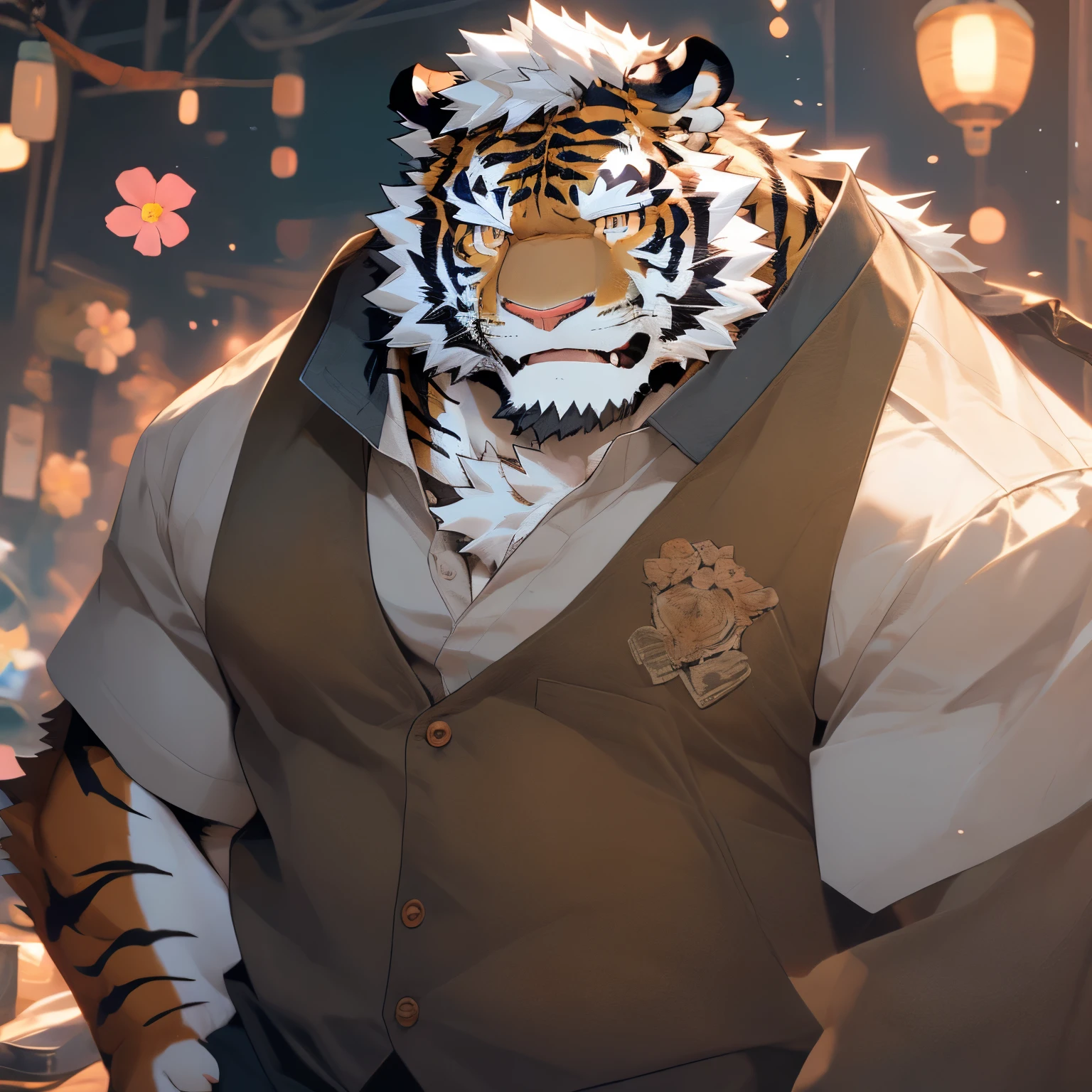 (Dark Environment: 0.8), masterpiece, high quality, Abstract research, number\(artwork\), By Dagasi, Yes, Seizan, (anthropology, Fluffy fur, character focus: 1.1), anthropology Male Cat, short hair, portrait , Bright Eyes, panoramic, character focus. (Detailed background: 0.7), Solitary, hairy, hairy male, Male focus, Flower charcoal, (Body hair, hairy尾巴, tiger fur, brown tiger eyes, White hair: 1.2), (Lovely, Cats, tiger man, tiger,), (bedroom, tiger print, tiger skin, tiger teeth) high quality, tiger print on hands, tiger print on head. Turn into a tiger. Species conversion, AI takes off clothes. Take off his clothes. Exposing his body. He also has tiger stripes on his body.