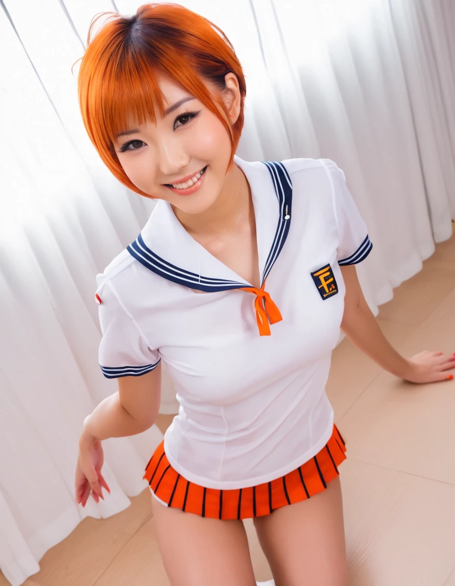 A beautiful Japanese woman with a small face, well-defined features, and a cute smile, wearing a short sailor uniform that is transparent enough to reveal her F-cup breasts, and a bright, shiny orange short hair style.