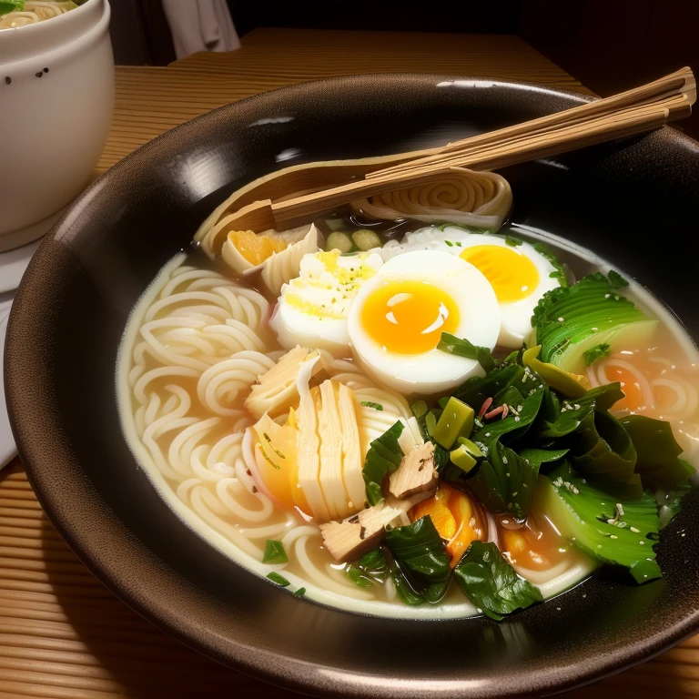bowl of Ramen with a boiled egg and greens on a table, Ramen, eating Ramen, sougetsu, kaigetsudo ando, madotsuki, Inspired by Masamitsu Ota, momoshiki ōtsutsuki, kantoku, Shogakukan, Inspired by Maruyama Okyo, who are you, delicious