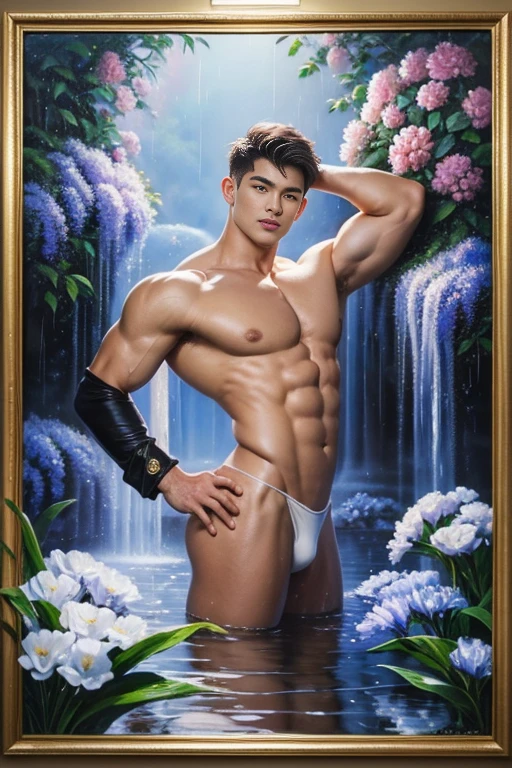 have muscles, 1 muscular man, alone, (oil painting:1.5), (no:1.2), have muscles man wearing nothing completely naked, Playfully swirling in the rain, 1 boy, short hair, flower, Lysianthus ,In the style of light pink and light blue...., Dreamy and romantic elements..., หยดน้ำflowerบนใบหน้าของเขา, in collage format, Made from insects, William Wakeman, color, white background, pencil art illustration, National Geographic Photograph, luxurious, extravagant, Stylish, , wealthy, elegance, Stunning beauty, professional, high contrast, details, Describe a dream, A strange scene with elements that seem to merge with the background.,