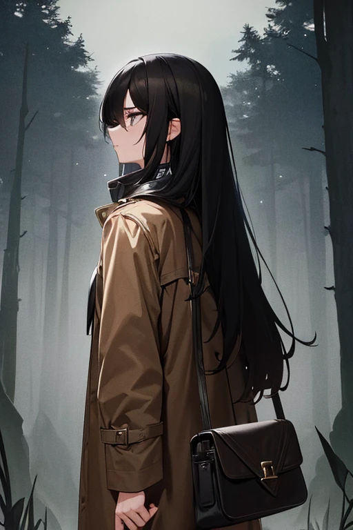 1 girl with jet black hair. Long messy hair. sunken eyes. eyebags. brown messenger bag. long coat with tall collar. foggy night in the woods on an old road. turned to the side looking back.