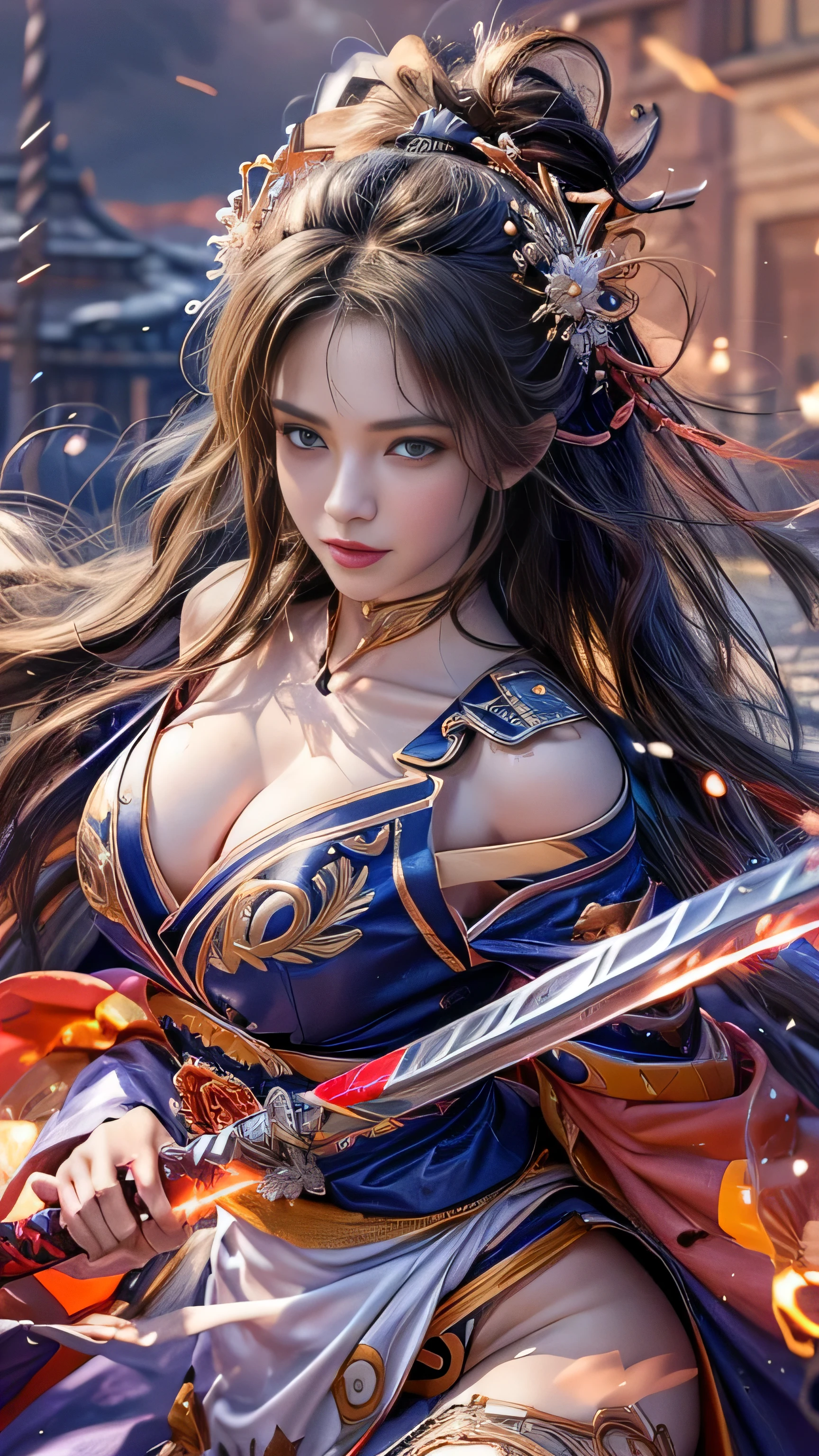 (RAW shooting, Photoreal:1.5, 8k, highest quality, masterpiece, ultra high resolution), Sengoku, Fire, Wars flaring up everywhere:1.3, perfect dynamic composition:1.2, Highly detailed skin and facial textures:1.2, Slim female samurai with a sharp katana sword:1.3, Fight:1.2, beautiful and aesthetic, cute and sexy beauty, perfect style:1.2, wear elaborate rings, fire, water, Wind, thunder, ice, Fair skin, very beautiful face, (Medium chest, Chest gap), (embarrassing smile, The expression on your face when you feel intense caress, Facial expression when feeling pleasure), (Wearing a sexy Sengoku uniform:1.1, off shoulder), (beautiful blue eyes, Eyes that feel beautiful eros:0.8), (Too erotic:0.9, Bewitching:0.9), full body shot