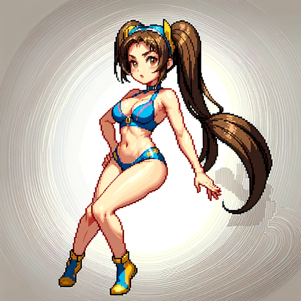 (masterpiece, top quality, best quality), pixel,pixel art,1women,small bosom,cleavage, brown hair, twintails, brown eyes, visor cap,full body