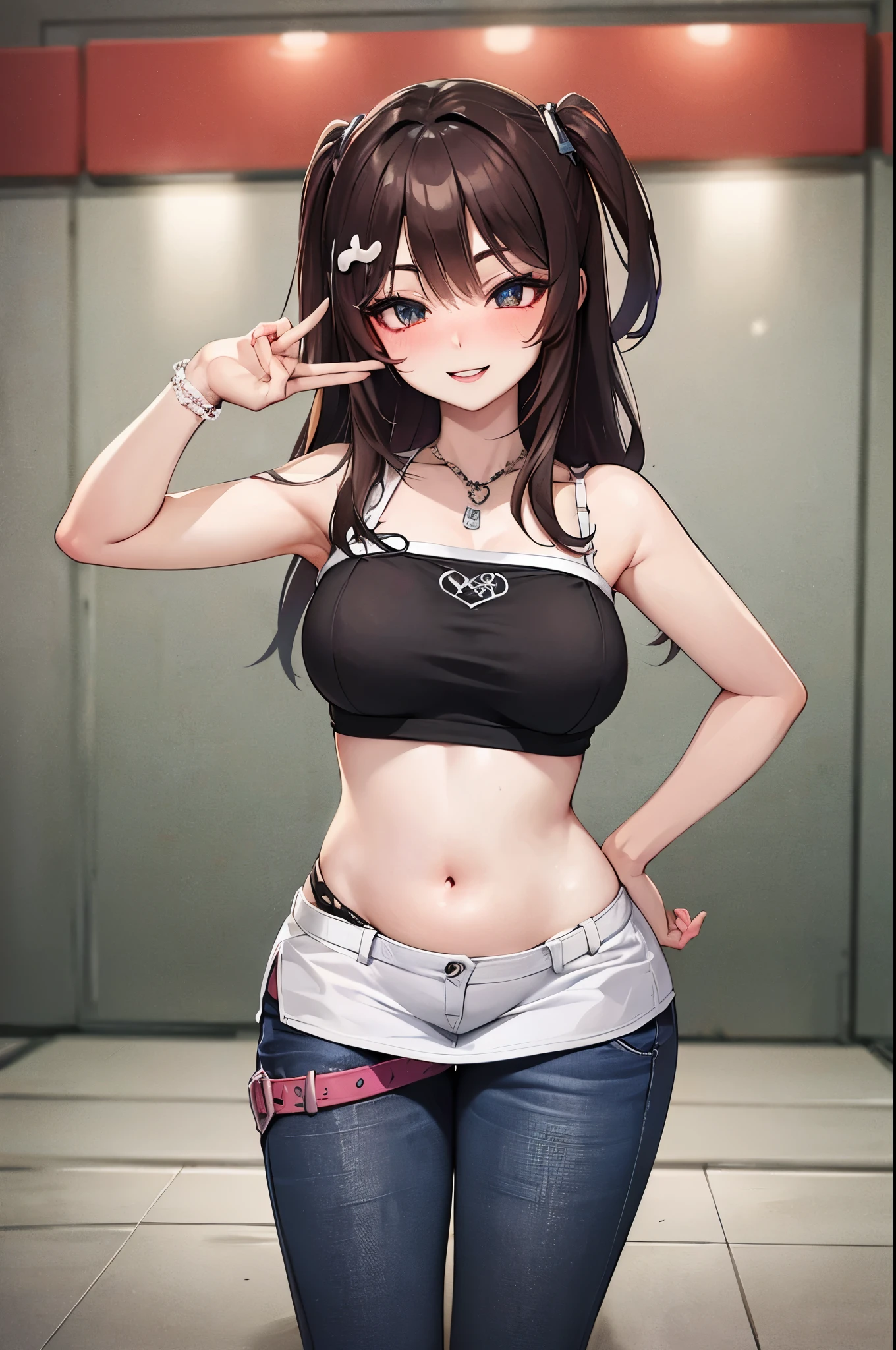 dominant fashionable college girl flirting with the viewer. (ultra-detailed,4k, 8k, high res, curvy,plus size anime girl,confident, seductive,erotic) curvy, plus size anime girl, seductive, erotic, thick thighs, detailed eyes, detailed lips, alluring expression, captivating curves, cleavage, flirtatious, artistic rendering, smiling/smirking, fashionable, cool clothes, pretty clothes, detailed clothing