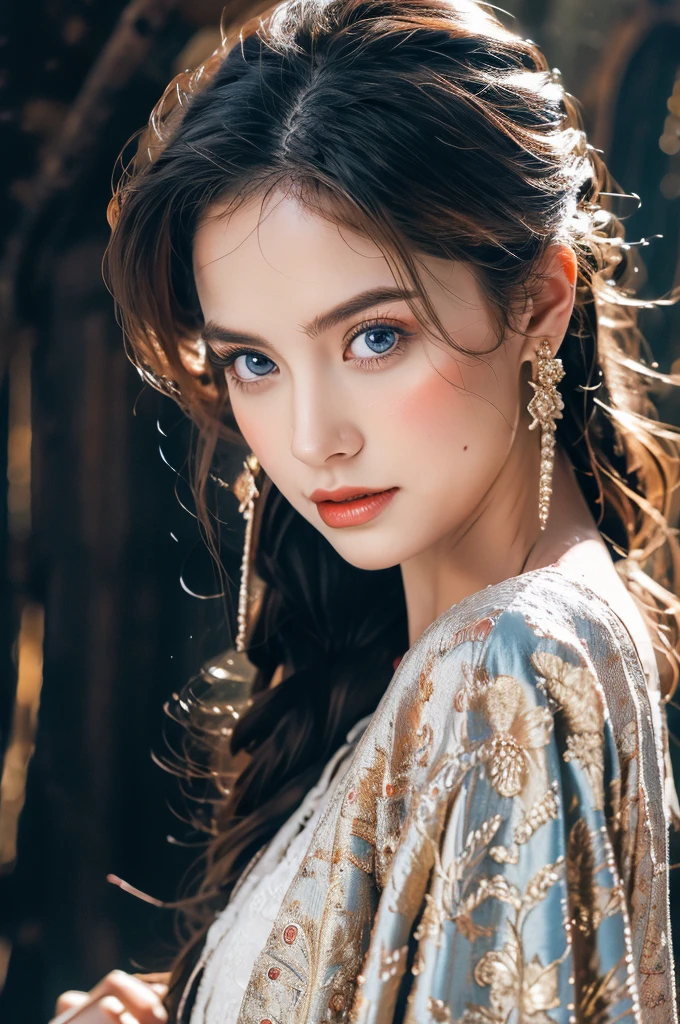 ( masterpiece, top quality, best quality,8k,years old girl,ultra detailed,raw photo:1.5),(photorealistic:1.4), (cinematic lighting), PerfectNwsjMajic, , Surrealism, UHD, ccurate, Super detail, textured skin, High detail, Best quality, dynamic angle, White skin,[Beautiful blue eyes], high nose,(1girl),(good anatomy:0.5)), Dreamy atmosphere, dress, Renaissance,