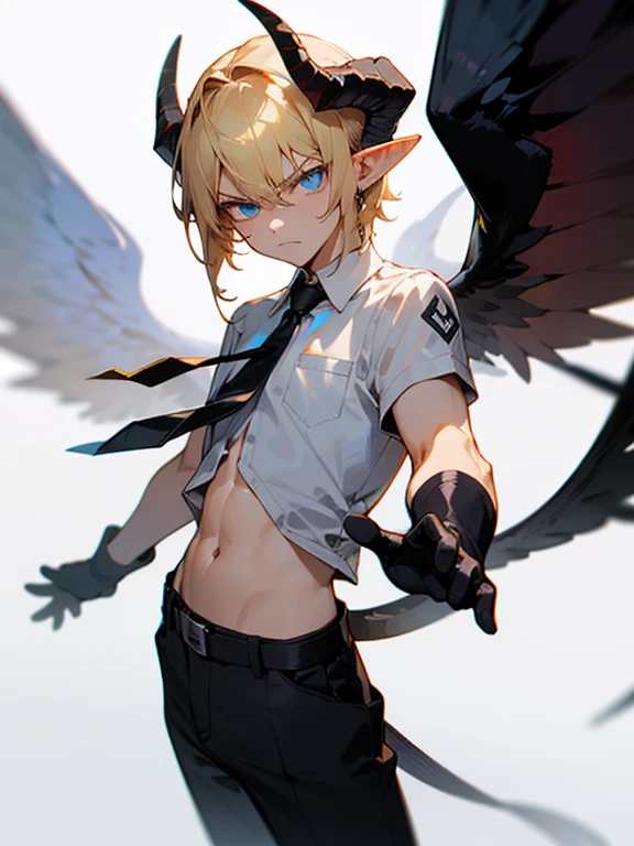 Masterpiece, best quality, expressive eyes, perfect face, 1boy, male focus, angry, navel, wings, solo, horns, black wings, blonde hair, tail, necktie, blue eyes, pointy ears, white background, simple background, black gloves, looking at viewer, closed mouth 