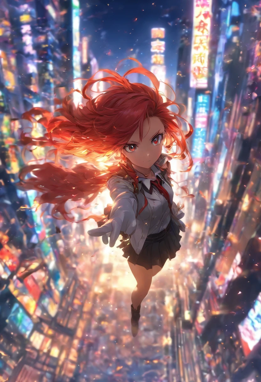 ((masterpiece,best quality)),8k wallpaper,1girl, long hair, red hair, solo, dress, red eyes, looking at viewer, long sleeves, standing, building, white dress, gloves, hair ornament, black jacket, smile, floating hair, dutch angle, closed mouth, looking away, outdoors