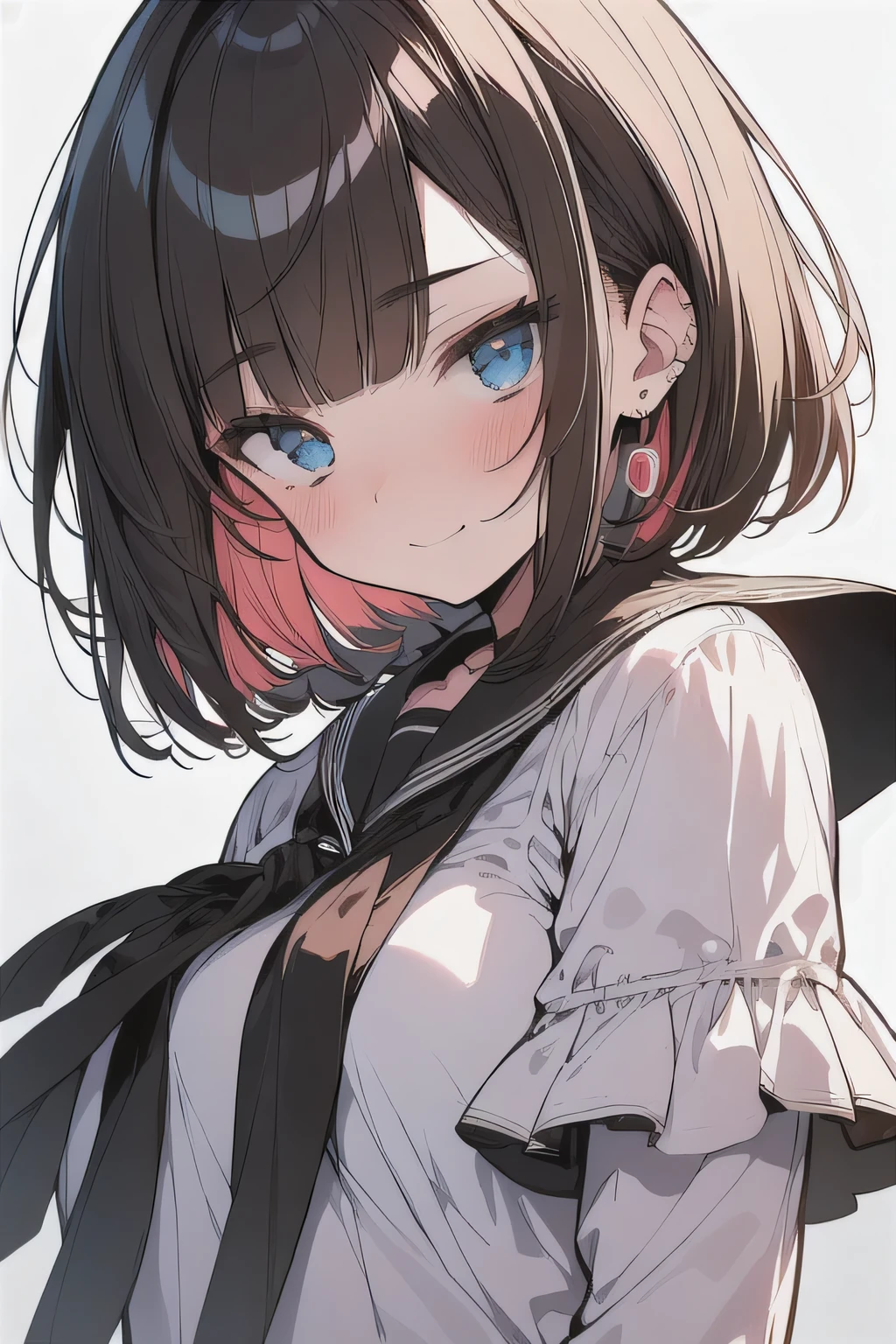 (best quality), (Super detailed), (Best Illustration), (masterpiece), (woman), shushing, {(white serafuku:1.2)}, (large breasts:1.2), {brown hair, (sideburns), (bob cut:1.3), curly hair, hairs between eyes, colored inner hair}, {(detailed eyes), blue eyes}, seductive smile, blush, earring, wind, white background