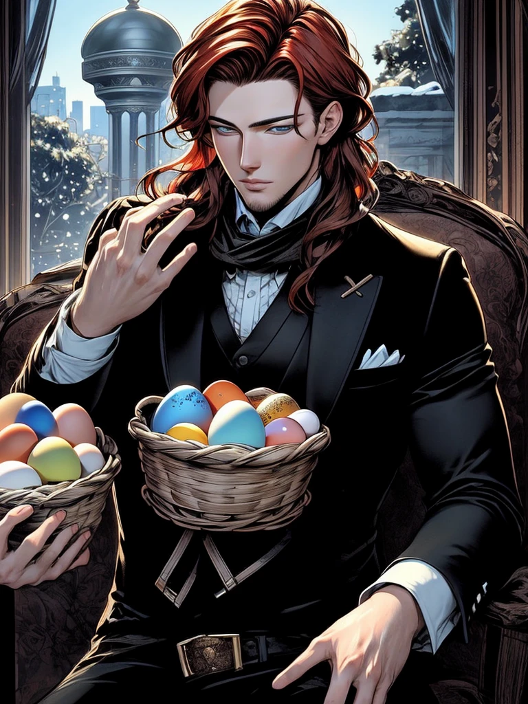 The feast of the Orthodox Easter. A tall, handsome, handsome, courageous young man, he has long curly copper-red hair, green eyes, he holds a basket of cakes and colored eggs in his hand, hugs an incredibly beautiful young femme fatale brunette with blue eyes, short thick black hair, her head is covered with a scarf. They're in love. Masterpiece, detailed study of the face, beautiful face, beautiful facial features, perfect image, realistic shots, detailed study of faces, full-length image, 8k, detailed image. an extremely detailed illustration, a real masterpiece of the highest quality, with careful drawing.