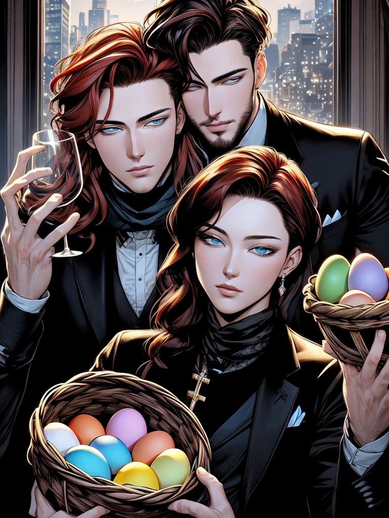 The feast of the Orthodox Easter. A tall, handsome, handsome, courageous young man, he has long curly copper-red hair, green eyes, he holds a basket of cakes and colored eggs in his hand, hugs an incredibly beautiful young femme fatale brunette with blue eyes, short thick black hair, her head is covered with a scarf. They're in love. Masterpiece, detailed study of the face, beautiful face, beautiful facial features, perfect image, realistic shots, detailed study of faces, full-length image, 8k, detailed image. an extremely detailed illustration, a real masterpiece of the highest quality, with careful drawing.