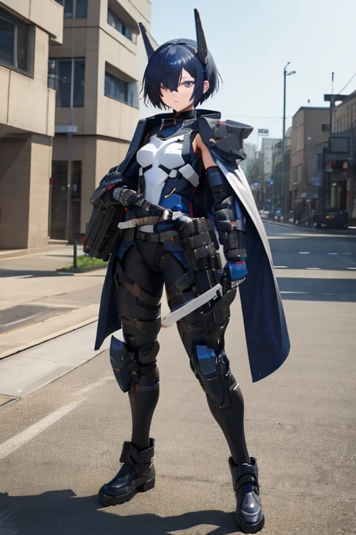 Dark blue hair，short hair，neutral，boyish，Hiding one eye，slender，Rin々A funny face，Powered Suit，Reinforced Suit，mechanical，Science fiction，Black sleeveless coat，With a sword，headgear，Small breasts，Small breasts，tall，Slightly muscular，Handsome，The innerwear is a bodysuit，Armament，Pilot Suit，Hard boots，armor，Carrying a rifle，Chest protector，Protector on shoulder，I put on a coat，Waist device，1 person