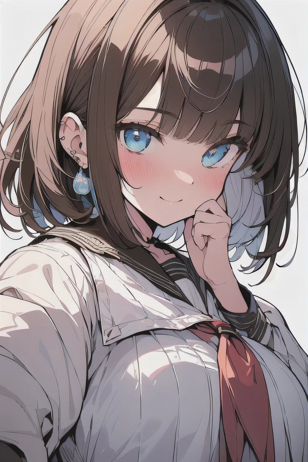 (best quality), (Super detailed), (Best Illustration), (masterpiece), (woman), hand on own chin, {(white serafuku:1.2)}, (large breasts:1.2), {brown hair, (sideburns), (bob cut:1.3), curly hair, hairs between eyes, colored inner hair}, {(detailed eyes), blue eyes}, seductive smile, blush, earring, wind, white background