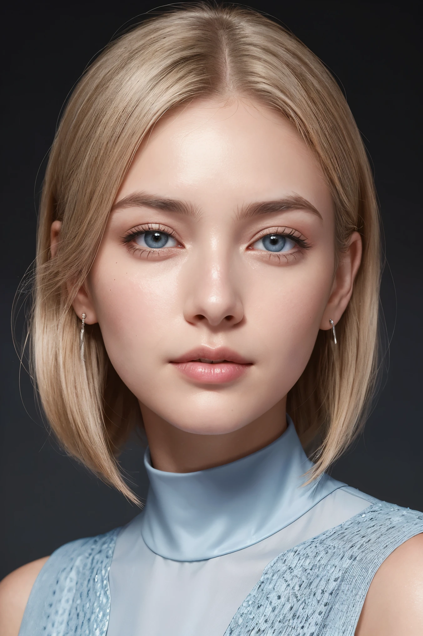 face is marked by a delicate balance of features that portray her as both thoughtful and adventurous. Her skin is remarkably clear and smooth, indicative of her youth and the futuristic setting she comes from, where perhaps skincare has advanced significantly. The fairness of her skin provides a subtle contrast that highlights her facial expressions even more.

Her eyes are one of her most captivating features, wide and almond-shaped, framed by light, slightly arched eyebrows that add depth to her expressions. These eyes are a light blue or grey, sparkling with intelligence and curiosity, reflecting her keen observatory skills and her role as a time traveler.

Her nose is small and fits perfectly with her other features, neither too prominent nor too subtle, contributing to her balanced and symmetrical facial appearance. Alice's lips are soft and well-defined, neither too thin nor overly plump, usually parted in a gentle smile or a thoughtful frown, depending on her mood and the situation at hand.

Her blond hair is smooth and typically styled straight, cascading down to her shoulders and sometimes tucked behind her ears to reveal her face fully. This hairstyle complements the simplicity and functionality of her futuristic attire, emphasizing practicality over extravagance.