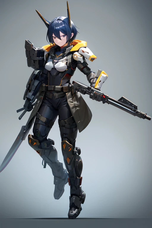 Dark blue hair，short hair，neutral，boyish，Hiding one eye，slender，Rin々A funny face，Powered Suit，Reinforced Suit，mechanical，Science fiction，Black sleeveless coat，With a sword，headgear，Small breasts，Small breasts，tall，Slightly muscular，Handsome，The innerwear is a bodysuit，Armament，Pilot Suit，Hard boots，armor，Carrying a rifle，Chest protector，Protector on shoulder，I put on a coat，Waist device，1 person