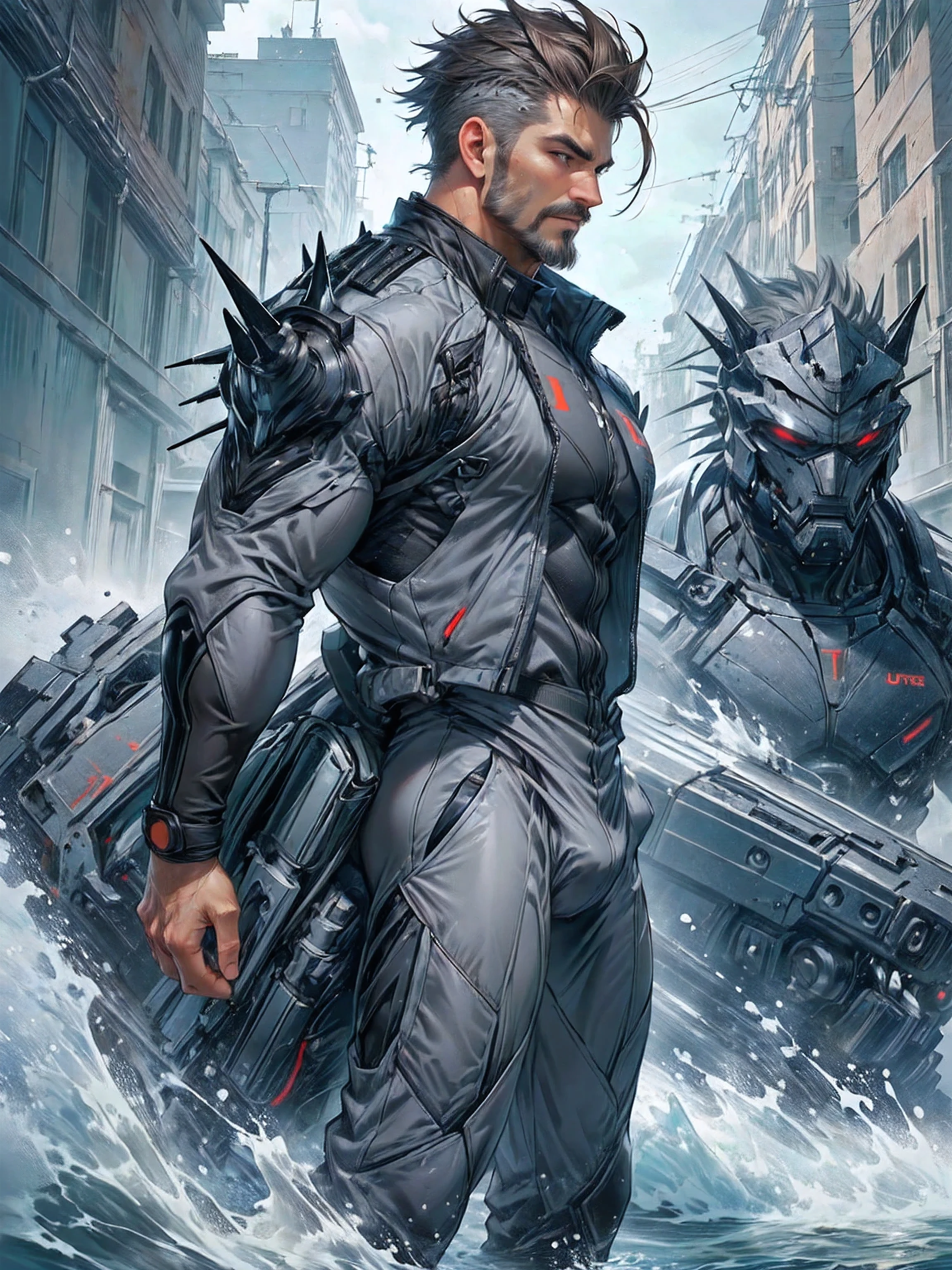 ((ultra realistic)), ((masterpiece)), (detailed), (perfect face), side view, full body shoot, sexy mature Hunk, facial hair, very short spiky hair, grey business suit, huge and obvious bulge
