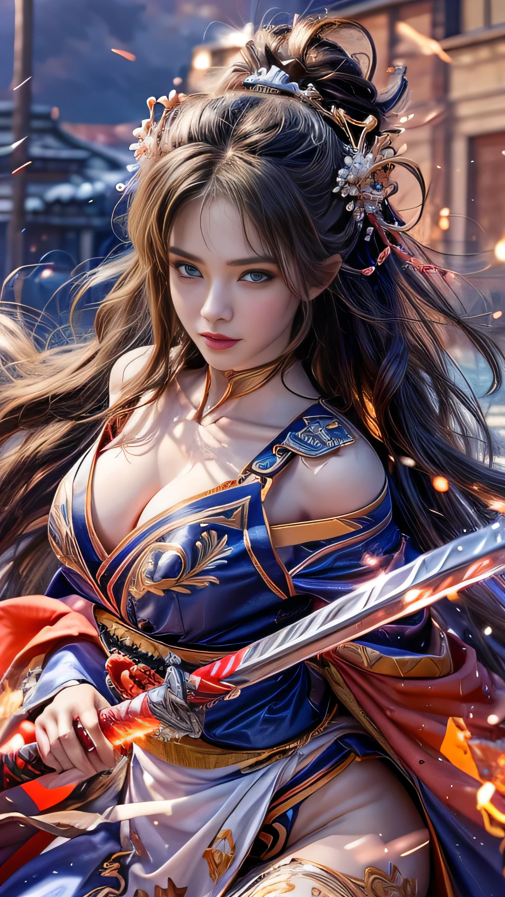 (RAW shooting, Photoreal:1.5, 8k, highest quality, masterpiece, ultra high resolution), Sengoku, Fire, Wars flaring up everywhere:1.3, perfect dynamic composition:1.2, Highly detailed skin and facial textures:1.2, Slim female samurai with a sharp katana sword:1.3, Fight:1.2, beautiful and aesthetic, cute and sexy beauty, perfect style:1.2, wear elaborate rings, fire, water, Wind, thunder, ice, Fair skin, very beautiful face, (Medium chest, Chest gap), (embarrassing smile, The expression on your face when you feel intense caress, Facial expression when feeling pleasure), (Wearing a sexy Sengoku uniform:1.1, off shoulder), (beautiful blue eyes, Eyes that feel beautiful eros:0.8), (Too erotic:0.9, Bewitching:0.9), full body shot