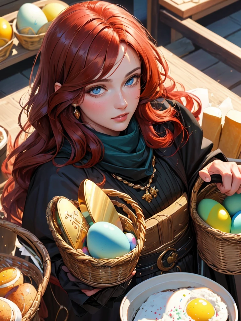 The feast of the Orthodox Easter. A tall, handsome, handsome, courageous young man, he has long curly copper-red hair, green eyes, he holds a basket of cakes and colored eggs in his hand, hugs an incredibly beautiful young femme fatale brunette with blue eyes, short thick black hair, her head is covered with a scarf. They're in love. Masterpiece, detailed study of the face, beautiful face, beautiful facial features, perfect image, realistic shots, detailed study of faces, full-length image, 8k, detailed image. an extremely detailed illustration, a real masterpiece of the highest quality, with careful drawing.