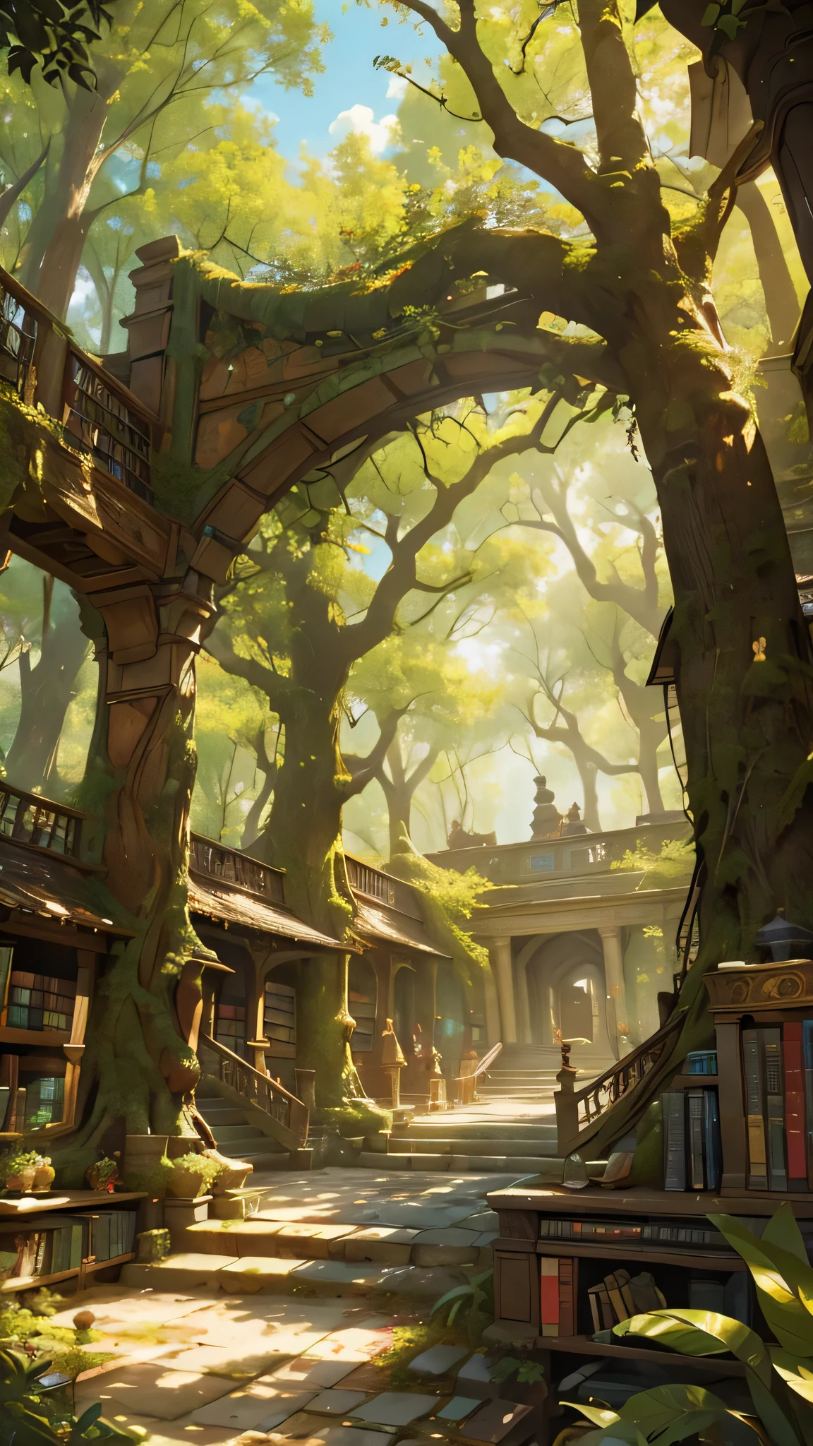 (a)large outdoor ancient library,(a)fantasy-themed,(a)forest setting,(a)room filled with leaves and tree roots,(a)abundance of ancient books and manuscripts