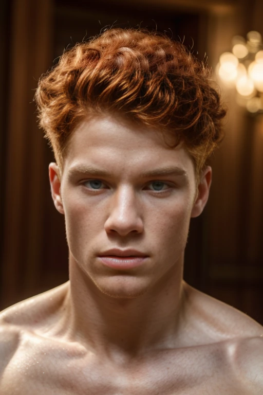(best quality,4k,8k,highres,masterpiece:1.2),ultra-detailed,(realistic,photorealistic,photo-realistic:1.37),1 male model,albino skin color,red hair, curly red hair,sexy pose,serious face,slim muscular build, model is 17 years old,thick and strong biceps, full torso photo