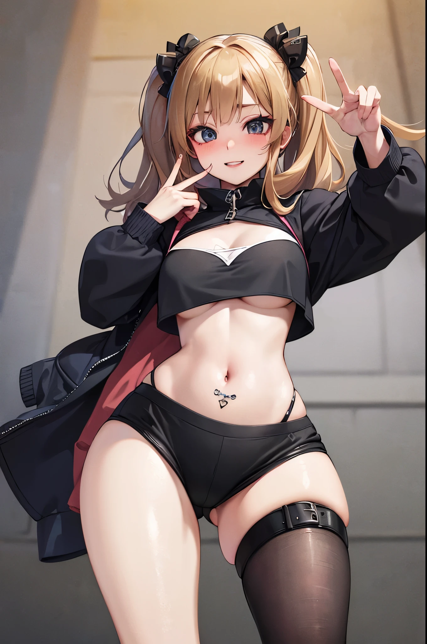 dominant fashionable college girl flirting with the viewer. (ultra-detailed,4k, 8k, high res, curvy,plus size anime girl,confident, seductive,erotic) curvy, plus size anime girl, seductive, erotic, thick thighs, detailed eyes, detailed lips, alluring expression, captivating curves, cleavage, flirtatious, artistic rendering, smiling/smirking, fashionable, cool clothes, pretty clothes, detailed clothing
