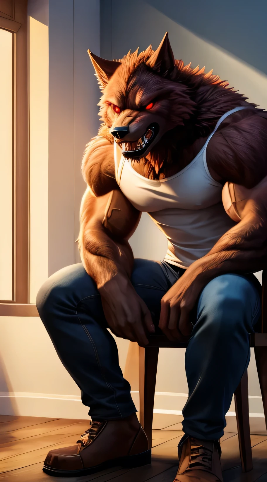 Perfect quality, furry, werewolf, fluffy fur, Red fur, muscle body, bad wolf face, Mad face, Red eyes crystal, sharp teeth, wound mark on cheek, wearing a blue t-shirt with an exclamation mark on it, wearing blue jeans, was sitting and angry at the audience, chair, background bedroom, bright place lighting