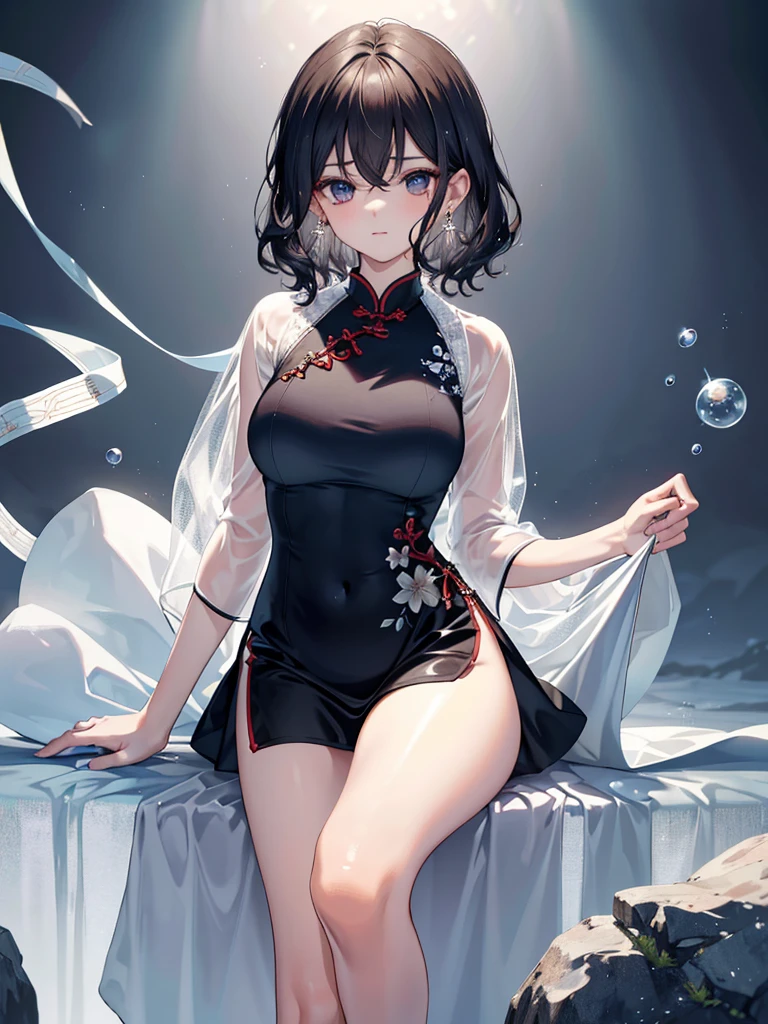 absurdres, RAW photo, extremely delicate and beautiful, masterpiece, Best Quality, ultra high resolution, 32k, hyperrealistic, ultra-detailed, perfect figure, in her 20s, very small head, very small face, delicate facial features, tearful mole, earring, huge breasts, legs, full body shot, medium hair, black hair, cheongsam, sleeveless, deep slit,