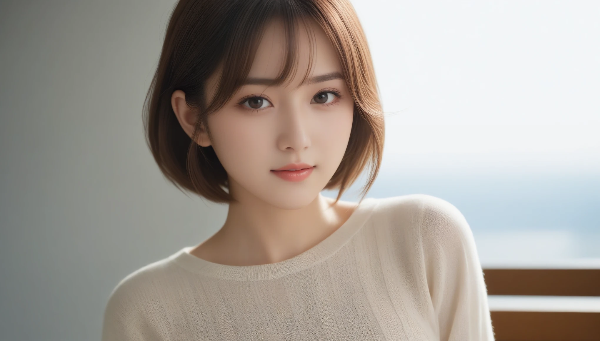 8K, 超High resolution, highest quality, masterpiece, Surreal, photograph,Three-part method, 1 girl, (:1.3), pretty girl, Cute face, Beautiful eyes in every detail,Japan Female Announcer,(masterpiece, highest quality, 非常にdetailedな, Best Shadow:1.2), High resolution, ((Cinematic Light)), Hyper Detail, Dramatic Light, 複雑なdetailed, Dynamic Angle, (非常にdetailedな CG ユニティ 8k 壁紙:1.2), Shyness, ((masterpiece)), (非常にdetailedな), (非常にdetailedなUnity 8k壁紙), (Realistic Skin), (リアルなphotograph, Realistic, photographのようにリアル), Beautiful Japanese Women, (Knit dress:1.4), Beautiful Hair,Brown Hair, short hair,Beautiful Face, Delicate and beautiful eyes, smile,Beautiful feet, See through,Cowboy Shot、((Thin legs))、Bold Pose,super cute super model、Please look closely at the camera 、Vivid details、detailed、Surreal、Light and shadow,Strong light,Fashion magazine cover,Thin lips