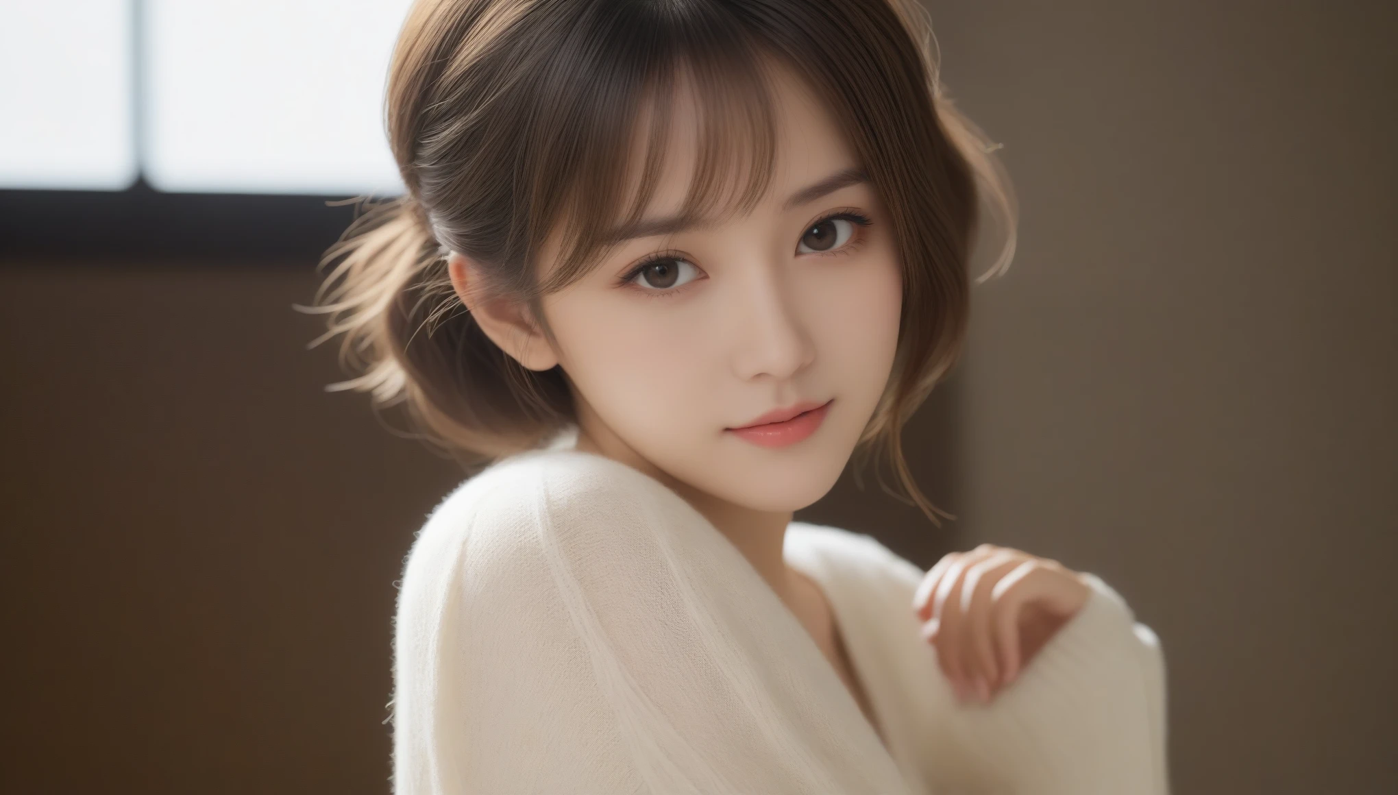 8K, 超High resolution, highest quality, masterpiece, Surreal, photograph,Three-part method, 1 girl, (************:1.3), pretty girl, Cute face, Beautiful eyes in every detail,Japan Female Announcer,(masterpiece, highest quality, 非常にdetailedな, Best Shadow:1.2), High resolution, ((Cinematic Light)), Hyper Detail, Dramatic Light, 複雑なdetailed, Dynamic Angle, (非常にdetailedな CG ユニティ 8k 壁紙:1.2), Shyness, ((masterpiece)), (非常にdetailedな), (非常にdetailedなUnity 8k壁紙), (Realistic Skin), (リアルなphotograph, Realistic, photographのようにリアル), Beautiful Japanese Women, (Knit dress:1.4), Beautiful Hair,Brown Hair, short hair,Beautiful Face, Delicate and beautiful eyes, smile,Beautiful feet, See through,Cowboy Shot、((Thin legs))、Bold Pose,super cute super model、Please look closely at the camera 、Vivid details、detailed、Surreal、Light and shadow,Strong light,Fashion magazine cover,Thin lips