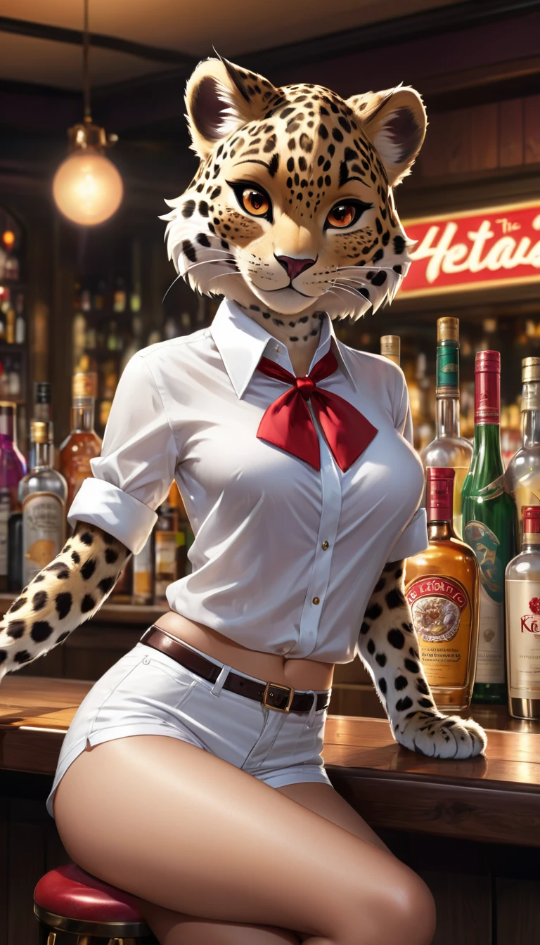 top quality, best quality, High-quality illustrations, masterpiece, super high resolution, detailed background, female leopard bartender, (kemono, furry anthro), medium breasts, sitting on the bar, white open button shirt, red bow tie, white cotton panties, bar, spread open legs, cocktail, absurdres(highly detailed beautiful face and eyes)perfect anatomy, expression, good lighting, cinematic shadow, assorted happy poses, dynamic angle,