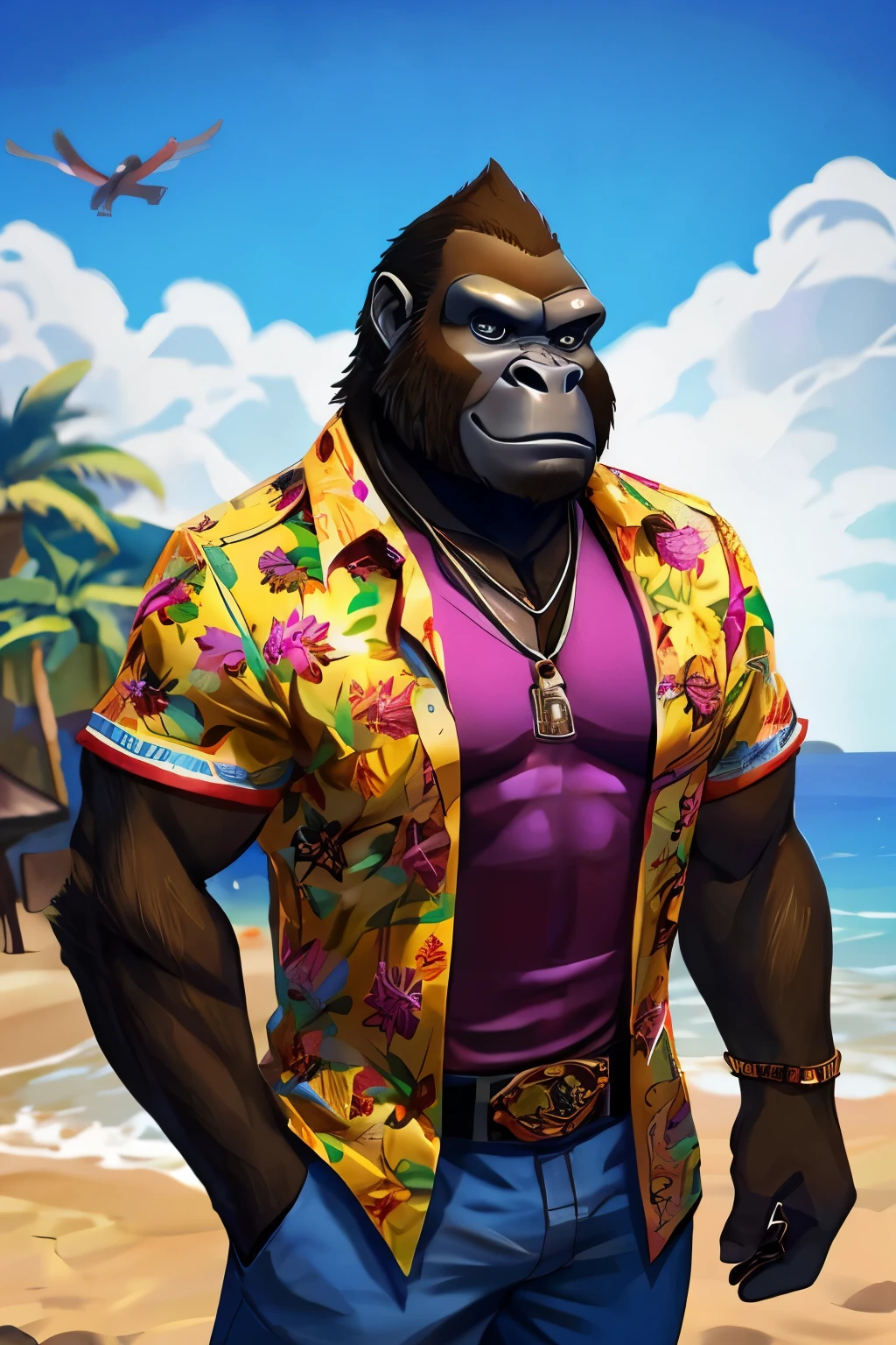 A brown gorilla, a charismatic character hailing from the Grand Theft Auto game universe, towers in full height on the sun-kissed beach. Dressed in a vibrant, colorful Hawaiian shirt, his muscular frame is accentuated by the soft, golden light filtering through the warm summer air. The style of the GTA game is faithfully rendered in every detail, from the intricately textured fabric of his shirt to the lifelike, expressive glint in his dark eyes. The beach scene is bathed in the highest quality graphics, with sharp focus on the gorilla and depth of field to create an immersive, dramatic atmosphere. The gentle waves of the