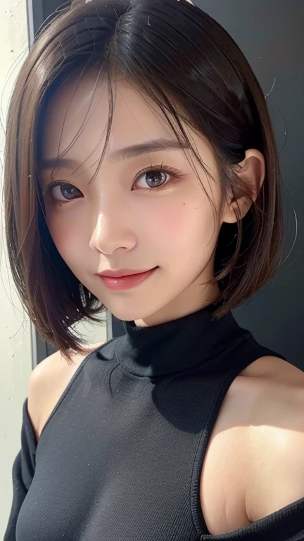 (((Close-up of face)))、(((Absolutely shoulder-length brown straight short bob)))、(((She is posing like a hair salon model, with a black wall indoors as the background.)))、(((Casual black winter long sleeves with shoulders covered)))、Half Japanese, half Korean、18 year old girl、Standing Alone、Looking forward、Light eye makeup、Brown Hair Color、Flat and 、Hair blowing in the wind、Actress Quality、Glossy, ultra-realistic face、Smiling face、Watery eyes、Gazing Up、Subtle lighting effects、 Ultra-Realistic Capture、Very detailed、High resolution 16K close up of human skin。Skin texture must be natural、The details must be such that pores can be clearly seen、The skin is healthy、Uniform tone、Use natural light and colors、A worn-out, high-quality photo taken by a model agency's in-house photographer.、smile、(((SIGMA 300 mm F/1.4,1/1000 sec shutter,ISO 400)))