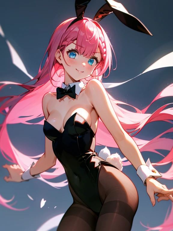 mafuyu kirisu, blue eyes, braid, long hair, twin braids, pink hair, pantyhose, playboy bunny, bare shoulders, smile, cowboy shot, highly detailed, HD, 4K, Masterpiece, highres